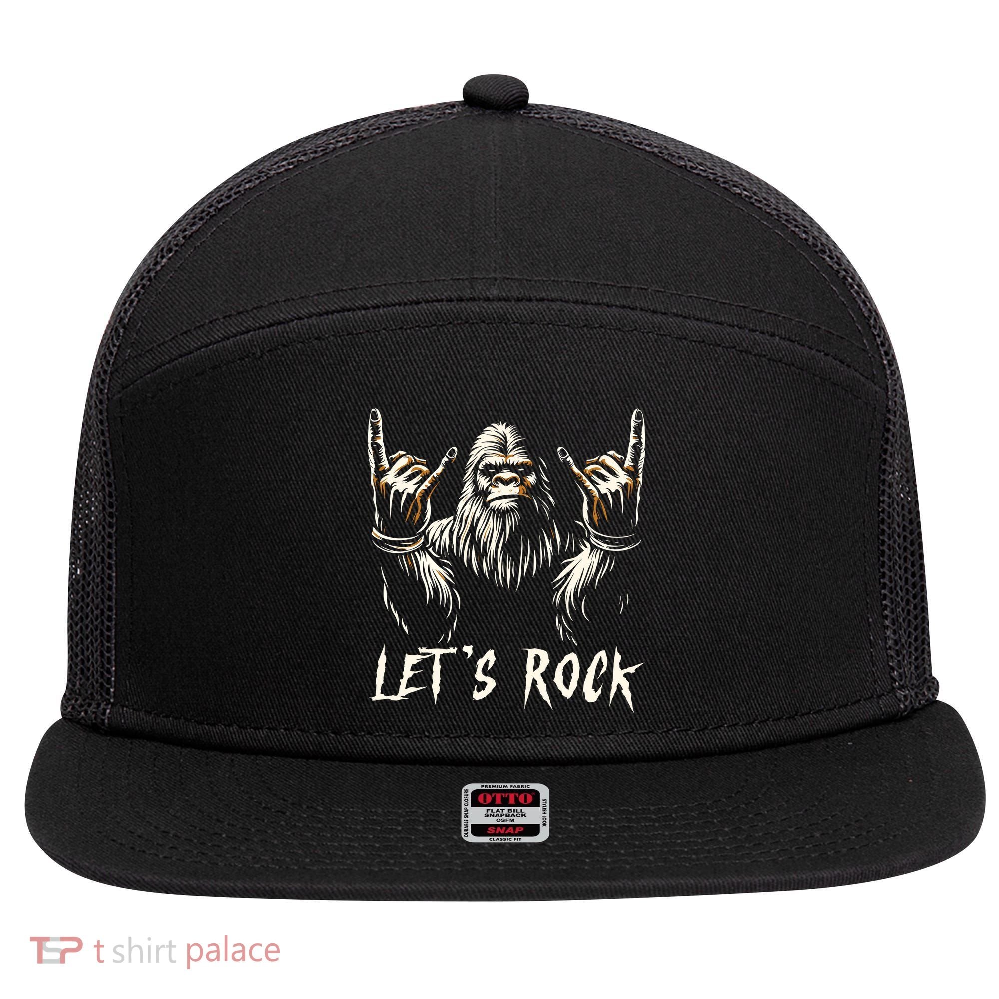 Bigfoot Rock On Funny Sasquatch Rock And Roll LetS Rock 7 Panel Mesh Trucker Snapback Hat