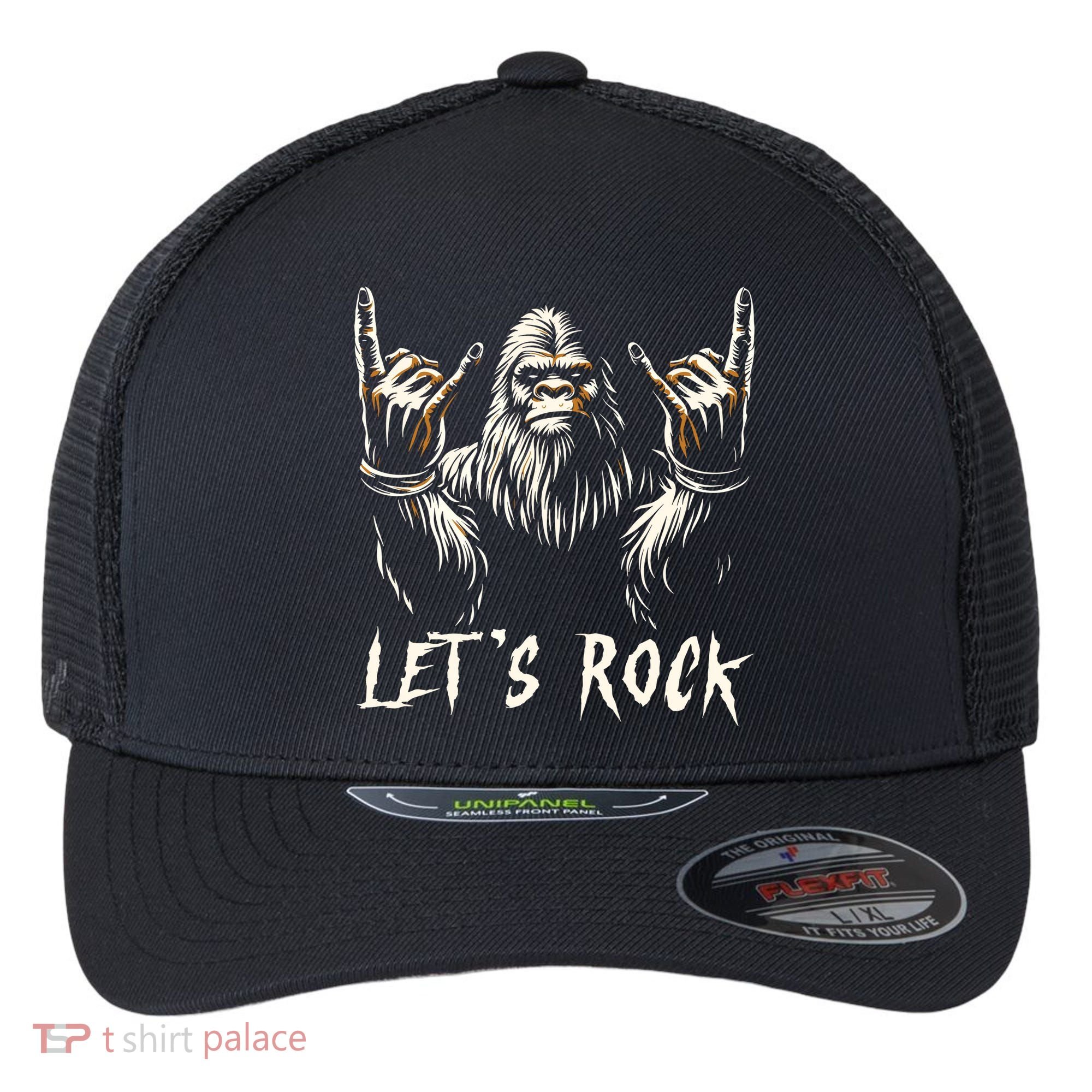Bigfoot Rock On Funny Sasquatch Rock And Roll LetS Rock Flexfit Unipanel Trucker Cap