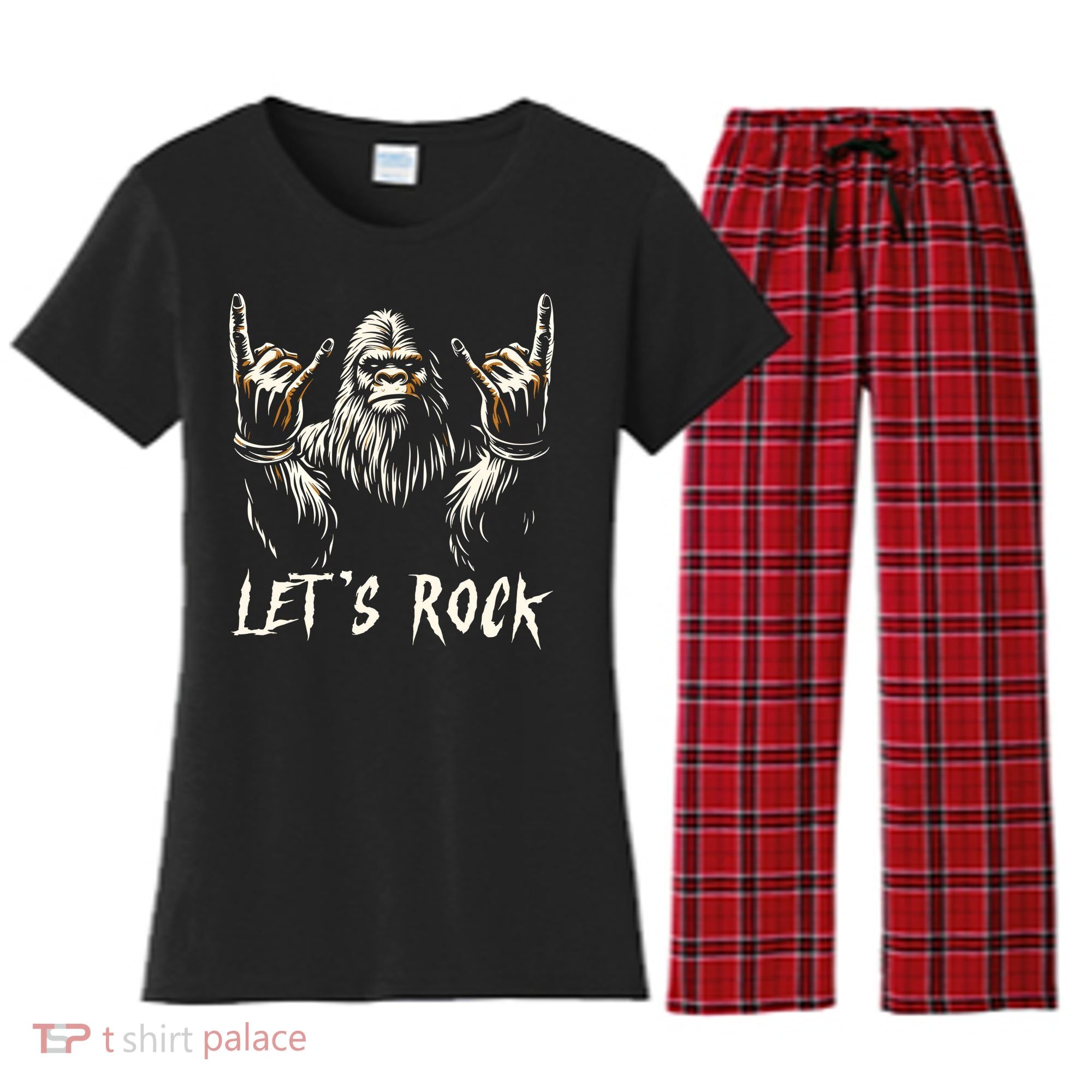 Bigfoot Rock On Funny Sasquatch Rock And Roll LetS Rock Women's Flannel Pajama Set