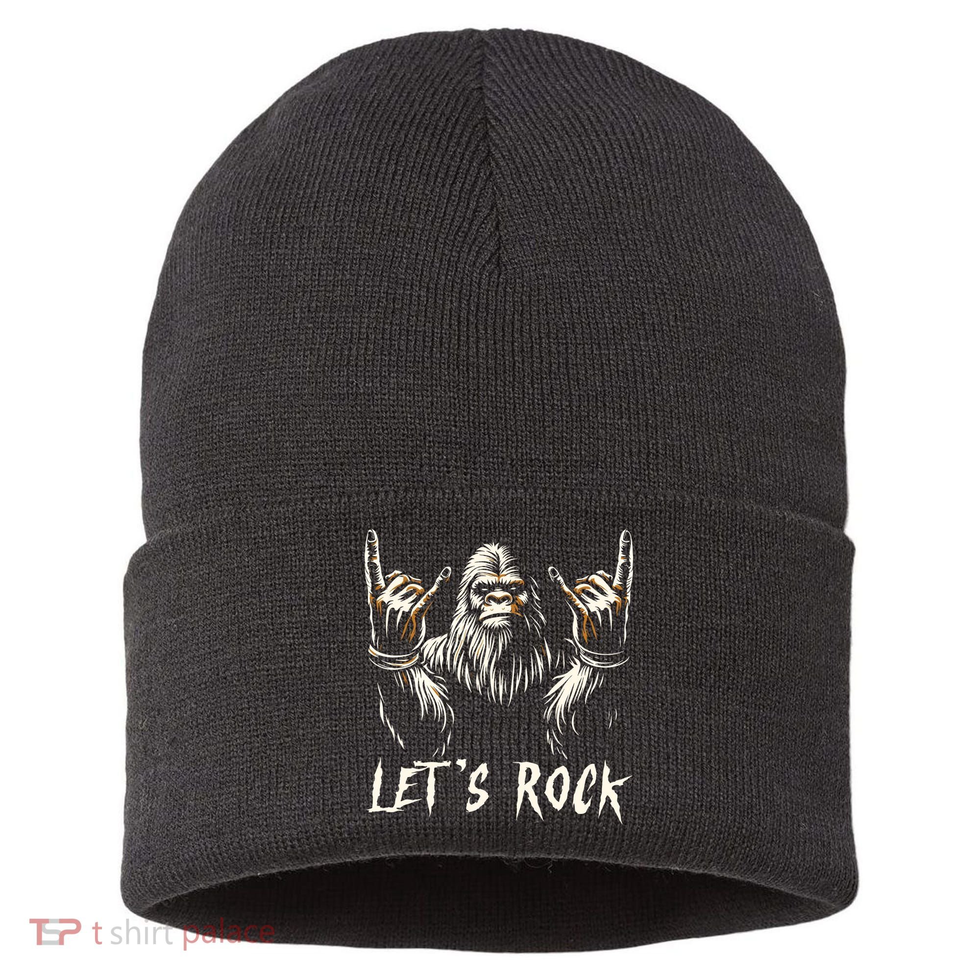 Bigfoot Rock On Funny Sasquatch Rock And Roll LetS Rock Sustainable Knit Beanie