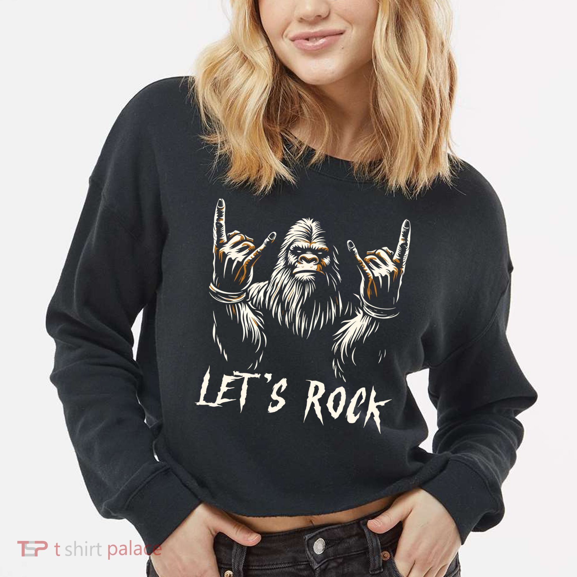 Bigfoot Rock On Funny Sasquatch Rock And Roll LetS Rock Cropped Pullover Crew