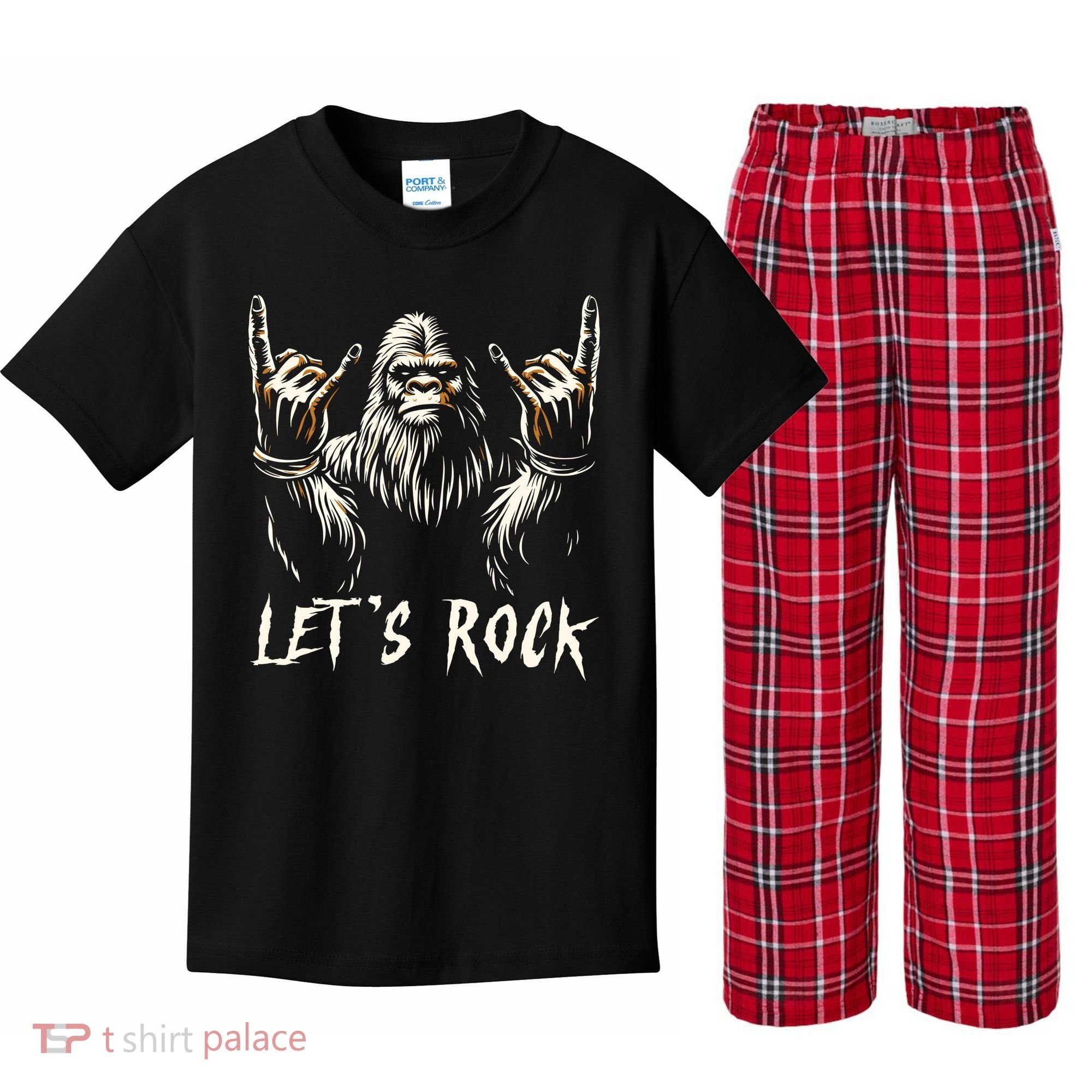 Bigfoot Rock On Funny Sasquatch Rock And Roll LetS Rock Kids Plaid Pajama Set