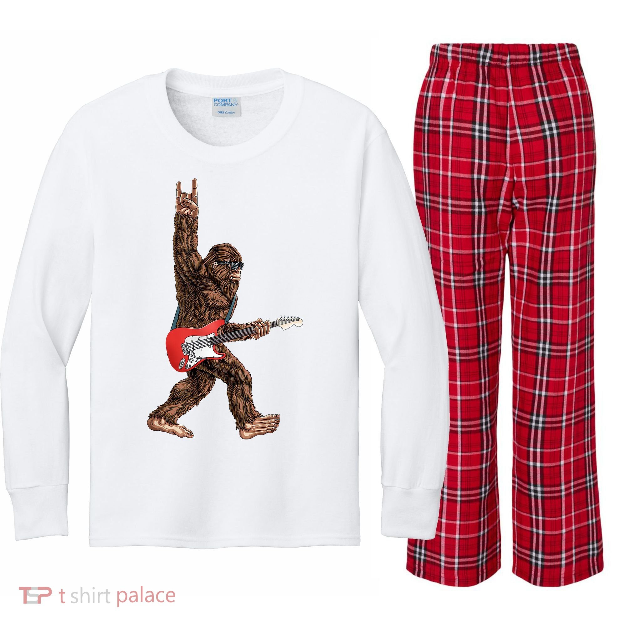 Bigfoot Rock On Guitar Kids Long Sleeve Plaid Pajama Set