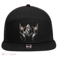 Bigfoot Rock On Sasquatch Rock And Roll Funny Rocker 7 Panel Mesh Trucker Snapback Hat thumb 0