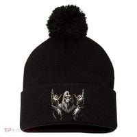 Bigfoot Rock On Sasquatch Rock And Roll Funny Rocker Pom Pom 12in Knit Beanie thumb 0