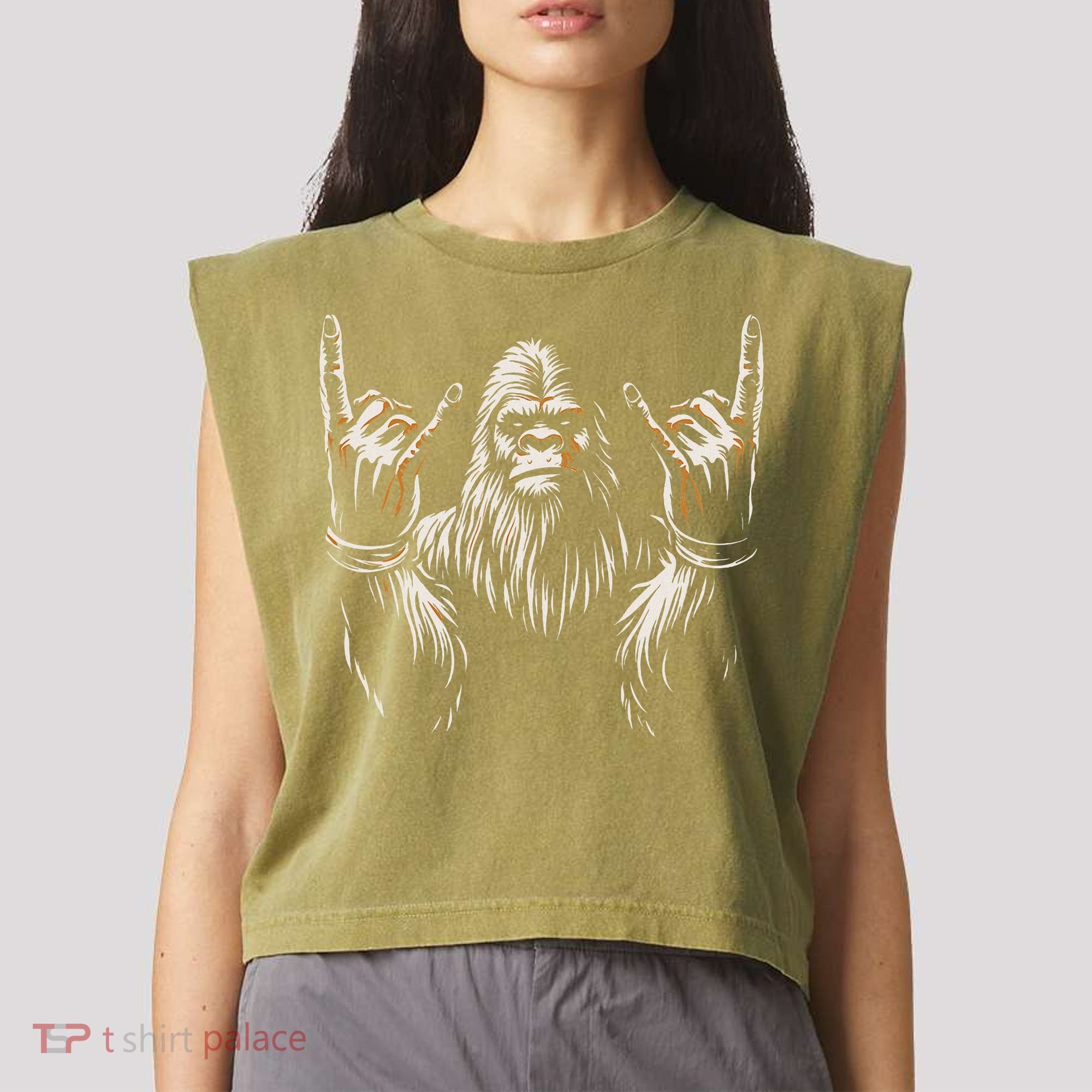 Bigfoot Rock On Sasquatch Rock And Roll Funny Rocker Garment-Dyed Women's Muscle Tee