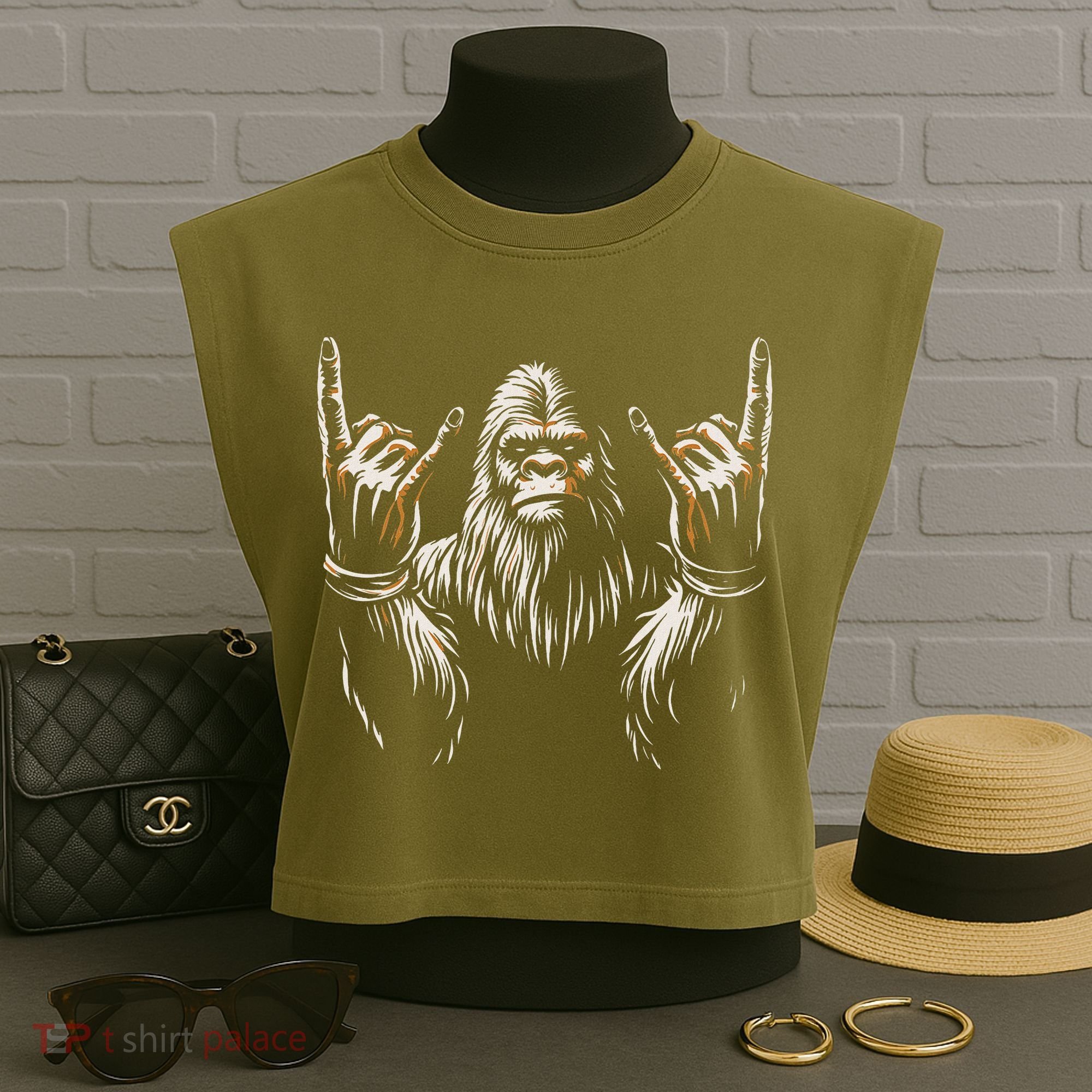 Bigfoot Rock On Sasquatch Rock And Roll Funny Rocker Garment-Dyed Women's Muscle Tee