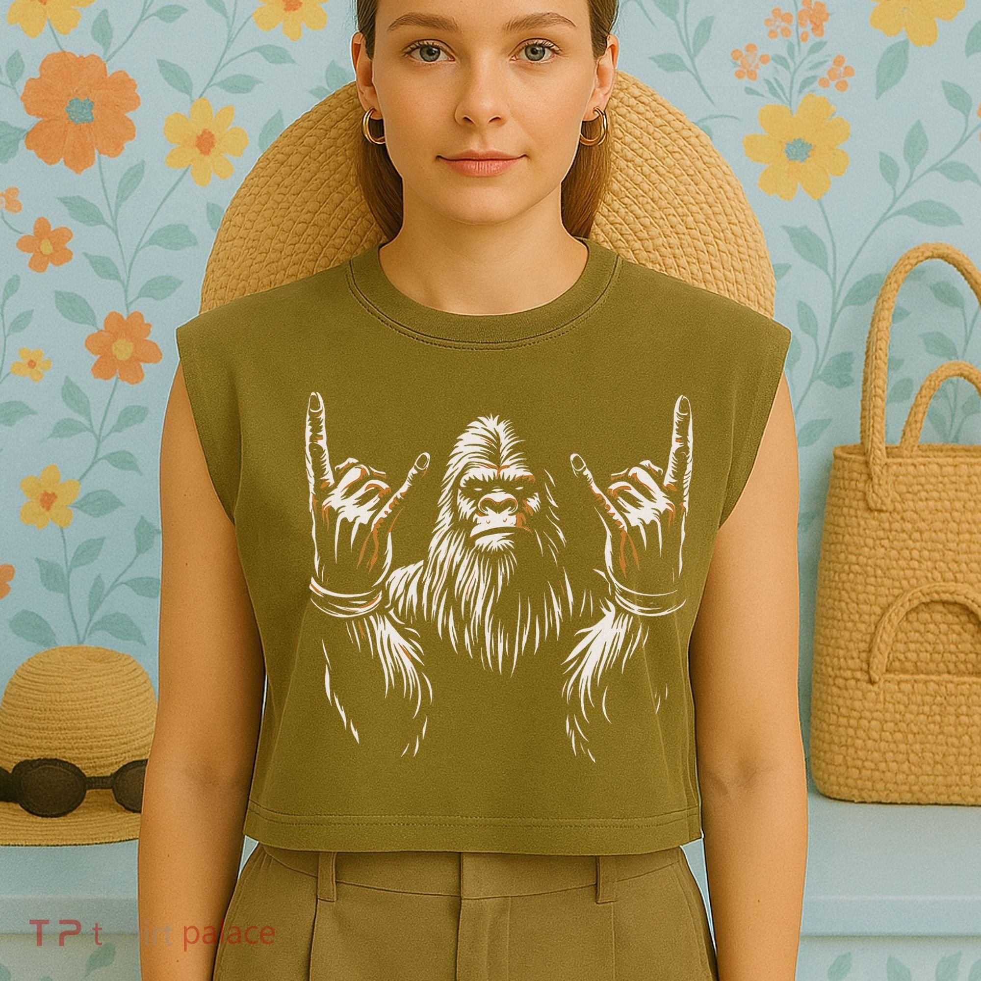 Bigfoot Rock On Sasquatch Rock And Roll Funny Rocker Garment-Dyed Women's Muscle Tee