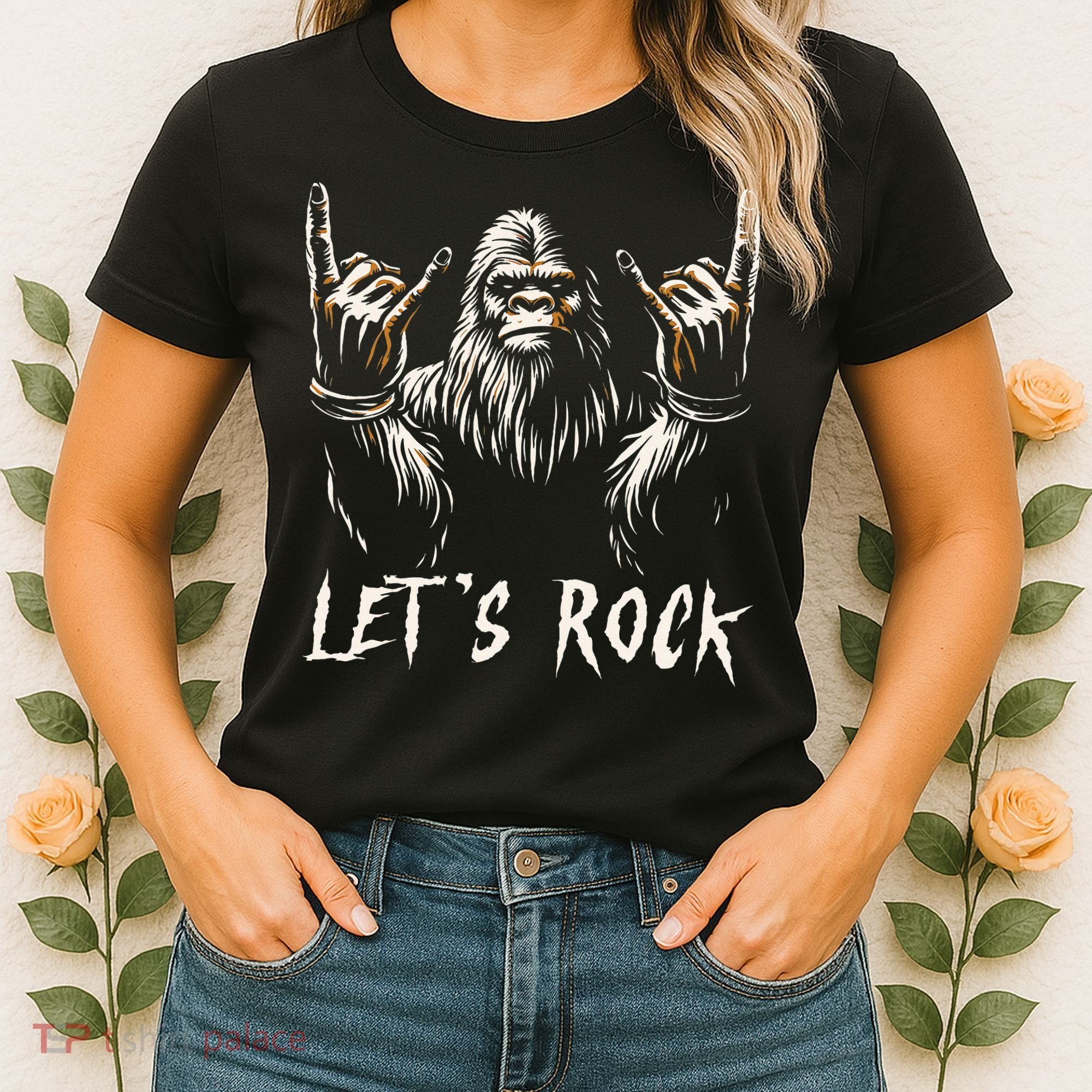 Bigfoot Rock On Funny Sasquatch Rock And Roll LetS Rock Women's T-Shirt
