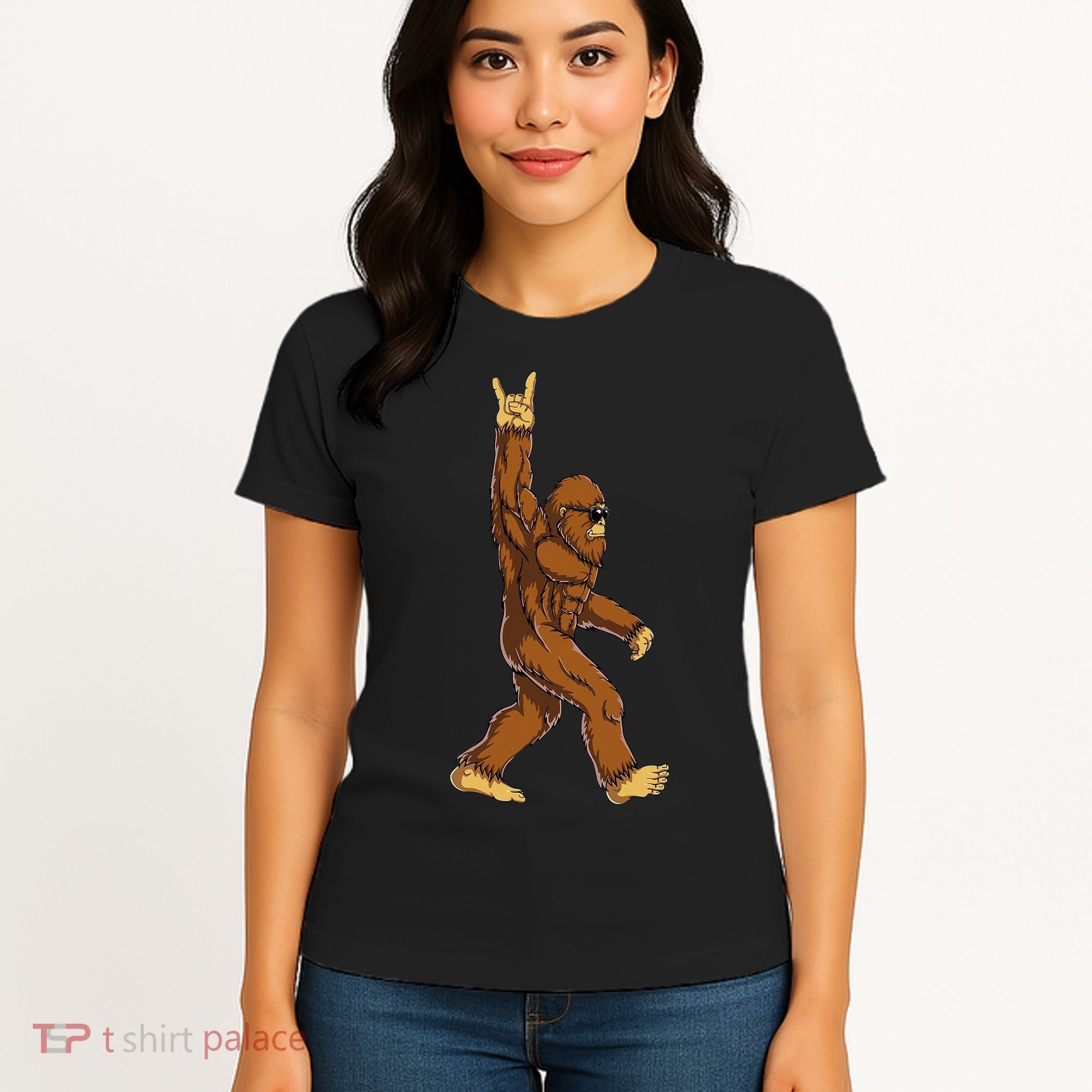 Bigfoot Rock On Sasquatch Rock And Roll Funny Women's T-Shirt