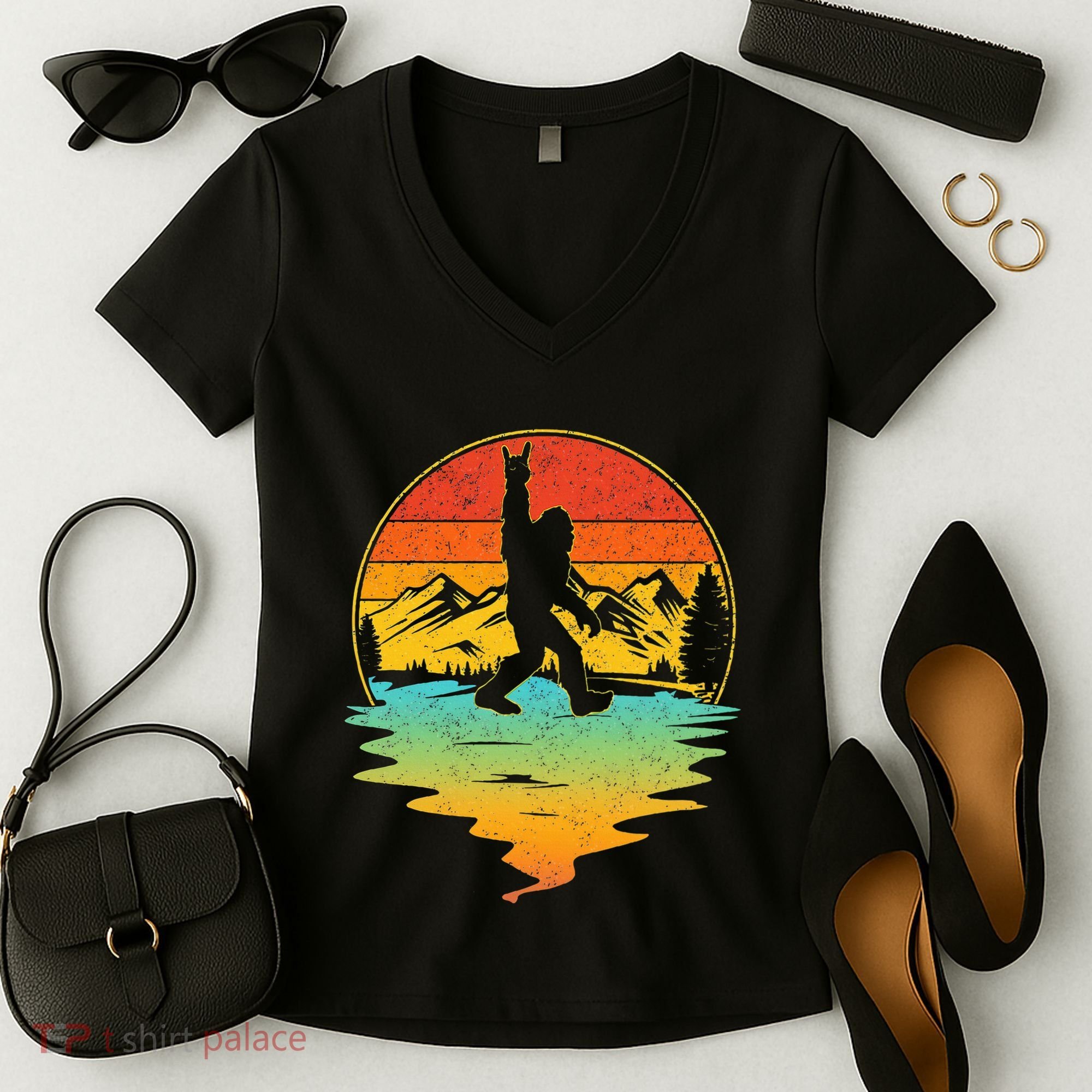 Bigfoot Rock On Sasquatch Rock And Roll Funny Graphic Women's V-Neck T-Shirt