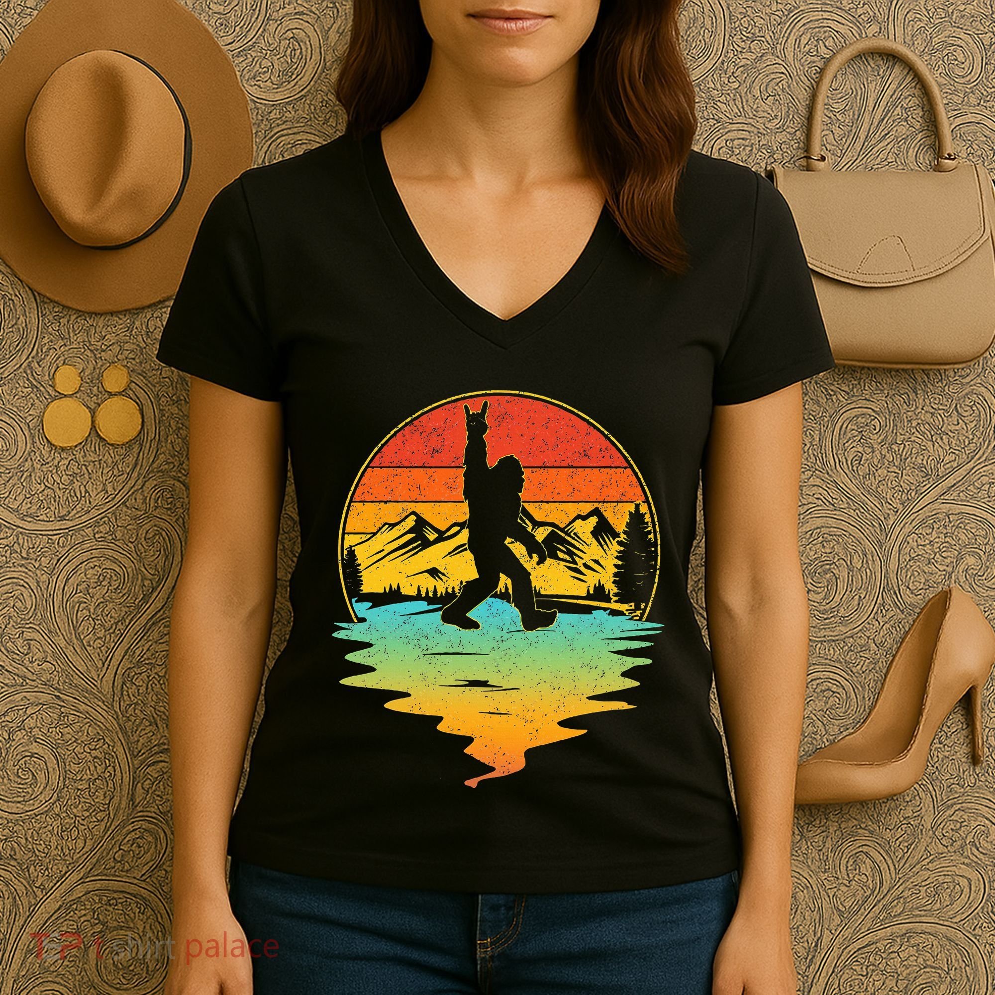 Bigfoot Rock On Sasquatch Rock And Roll Funny Graphic Women's V-Neck T-Shirt