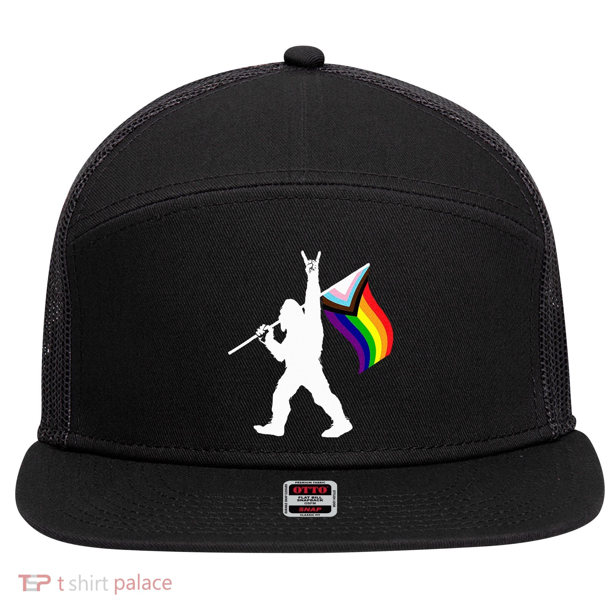 Bigfoot Rock On Lgbtq Progressive New Pride Flag 7 Panel Mesh Trucker Snapback Hat