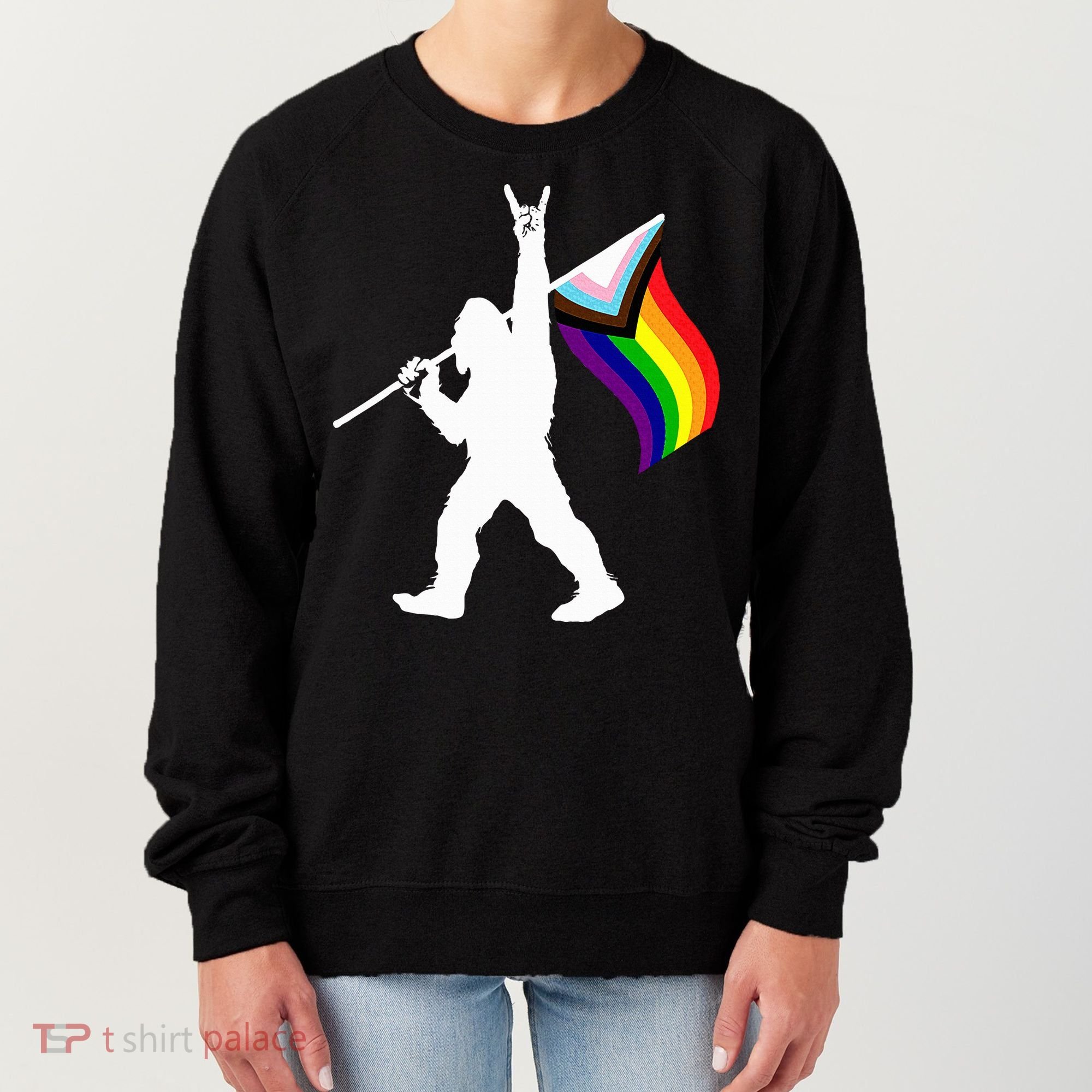 Bigfoot Rock On Lgbtq Progressive New Pride Flag Women's Sweatshirt