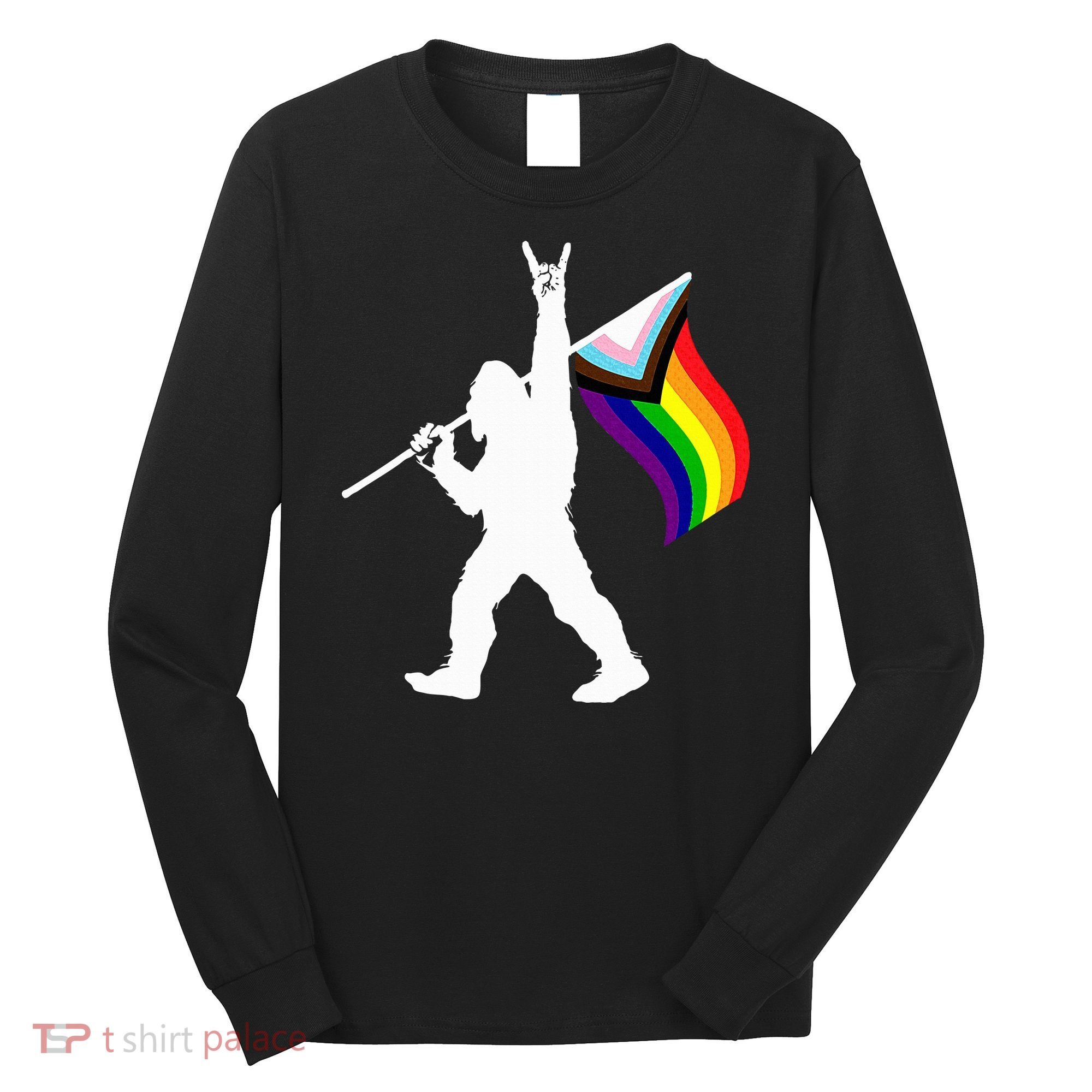 Bigfoot Rock On Lgbtq Progressive New Pride Flag Long Sleeve Shirt