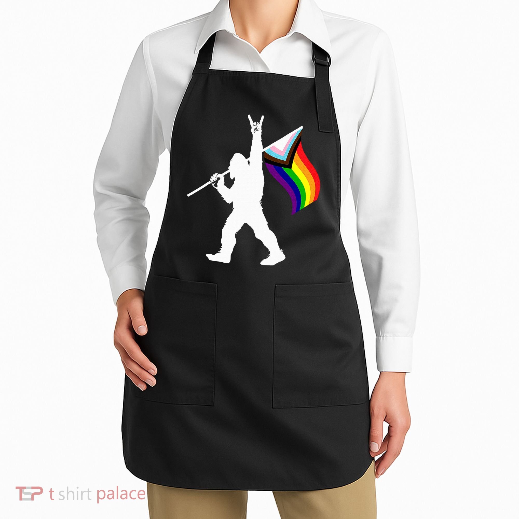Bigfoot Rock On Lgbtq Progressive New Pride Flag Apron