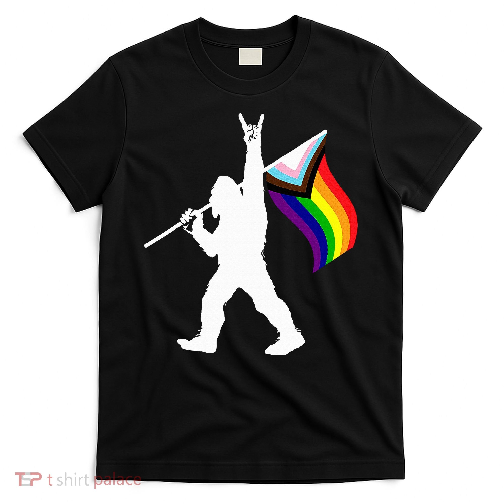 Bigfoot Rock On Lgbtq Progressive New Pride Flag T-Shirt