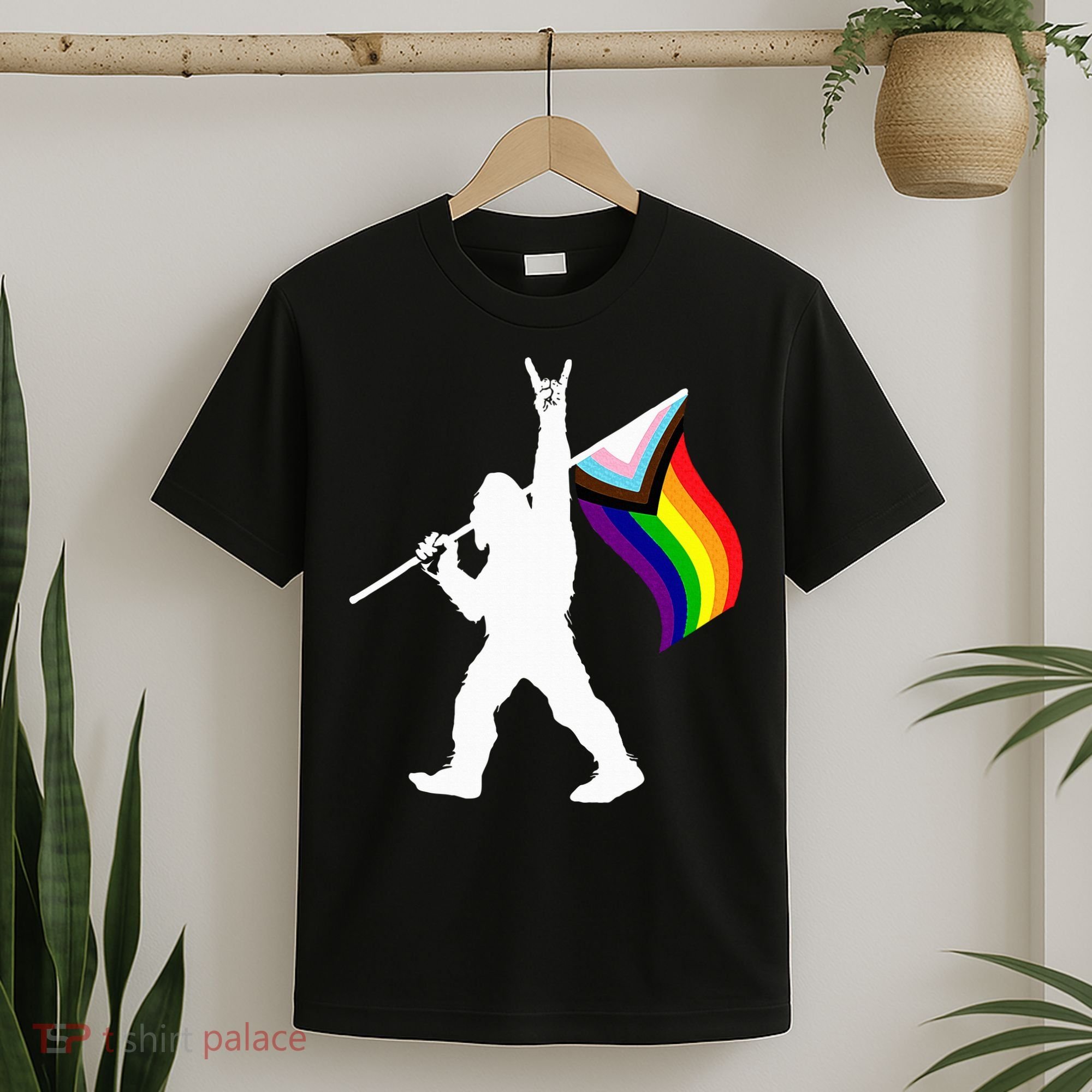 Bigfoot Rock On Lgbtq Progressive New Pride Flag T-Shirt