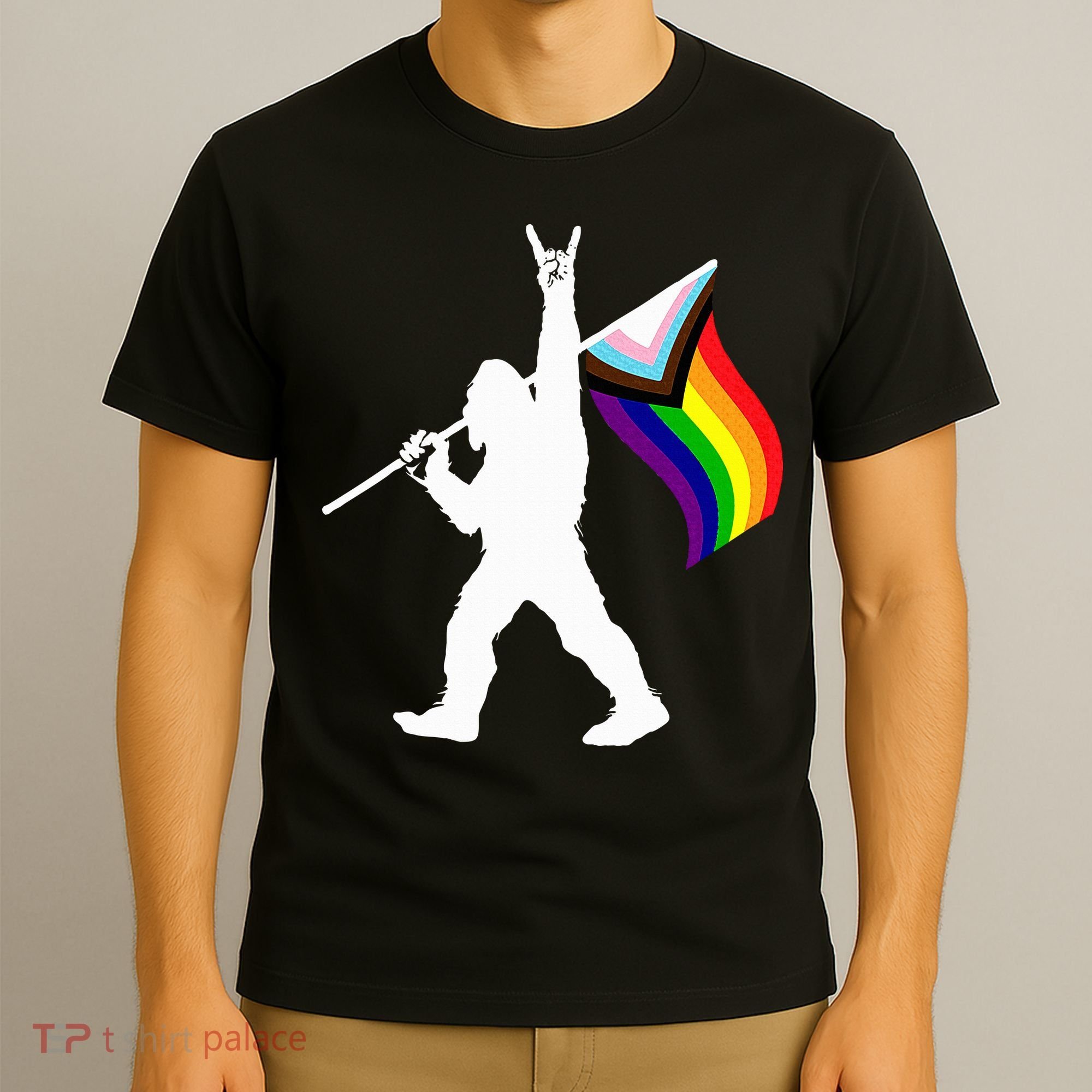 Bigfoot Rock On Lgbtq Progressive New Pride Flag T-Shirt