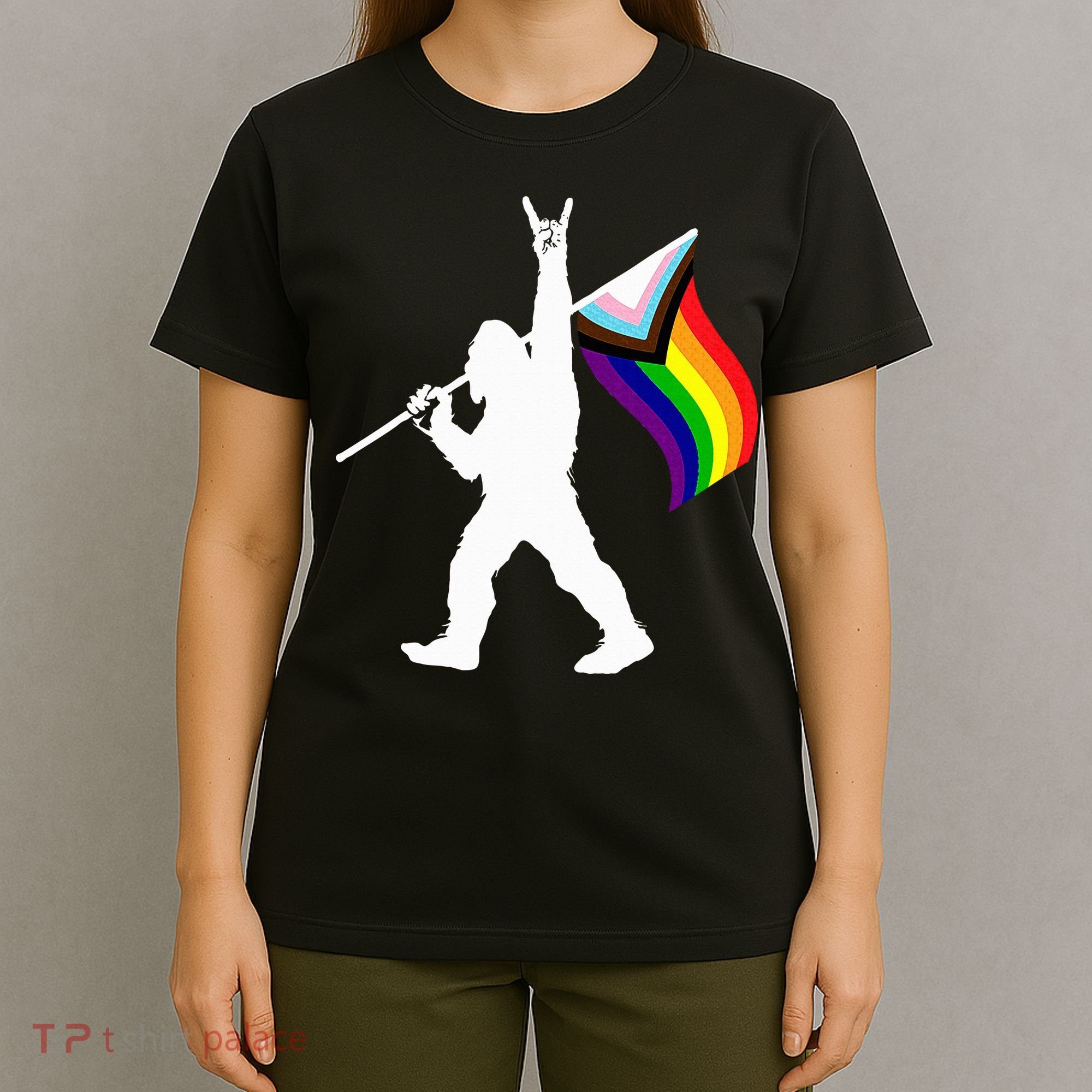 Bigfoot Rock On Lgbtq Progressive New Pride Flag T-Shirt