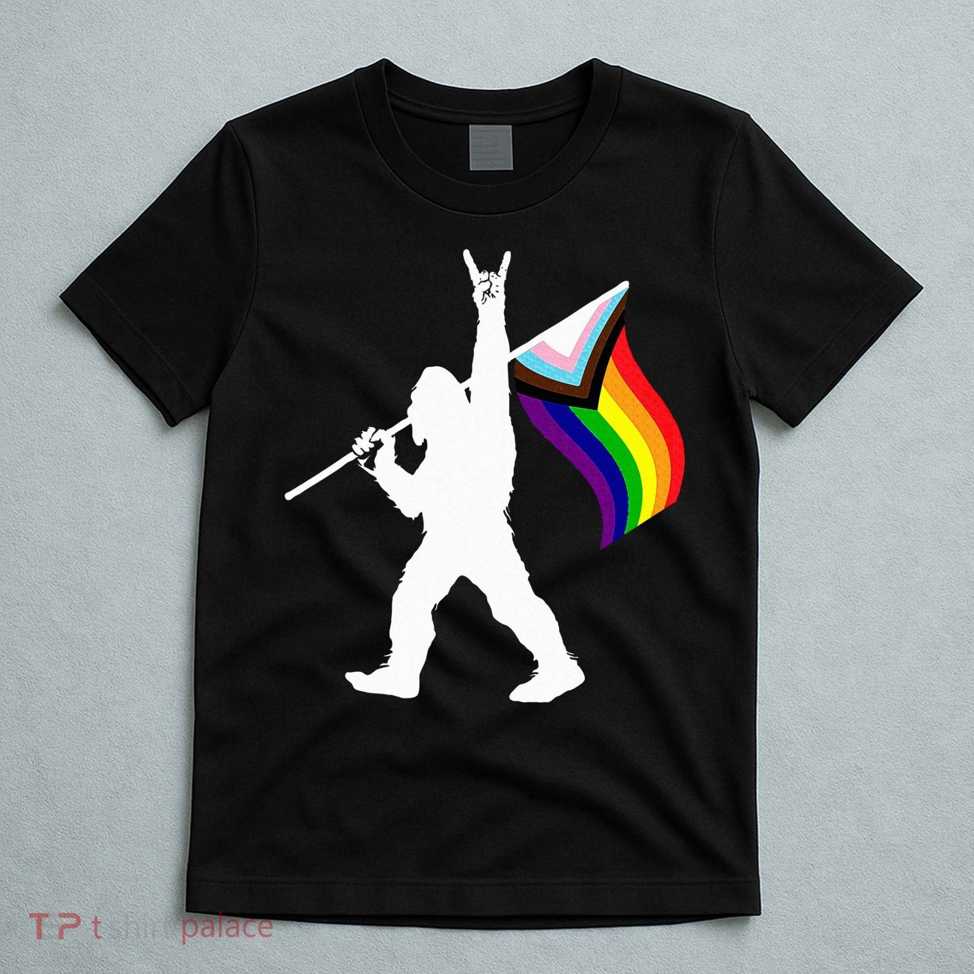 Bigfoot Rock On Lgbtq Progressive New Pride Flag T-Shirt