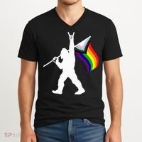 Bigfoot Rock On Lgbtq Progressive New Pride Flag V-Neck T-Shirt thumb 2
