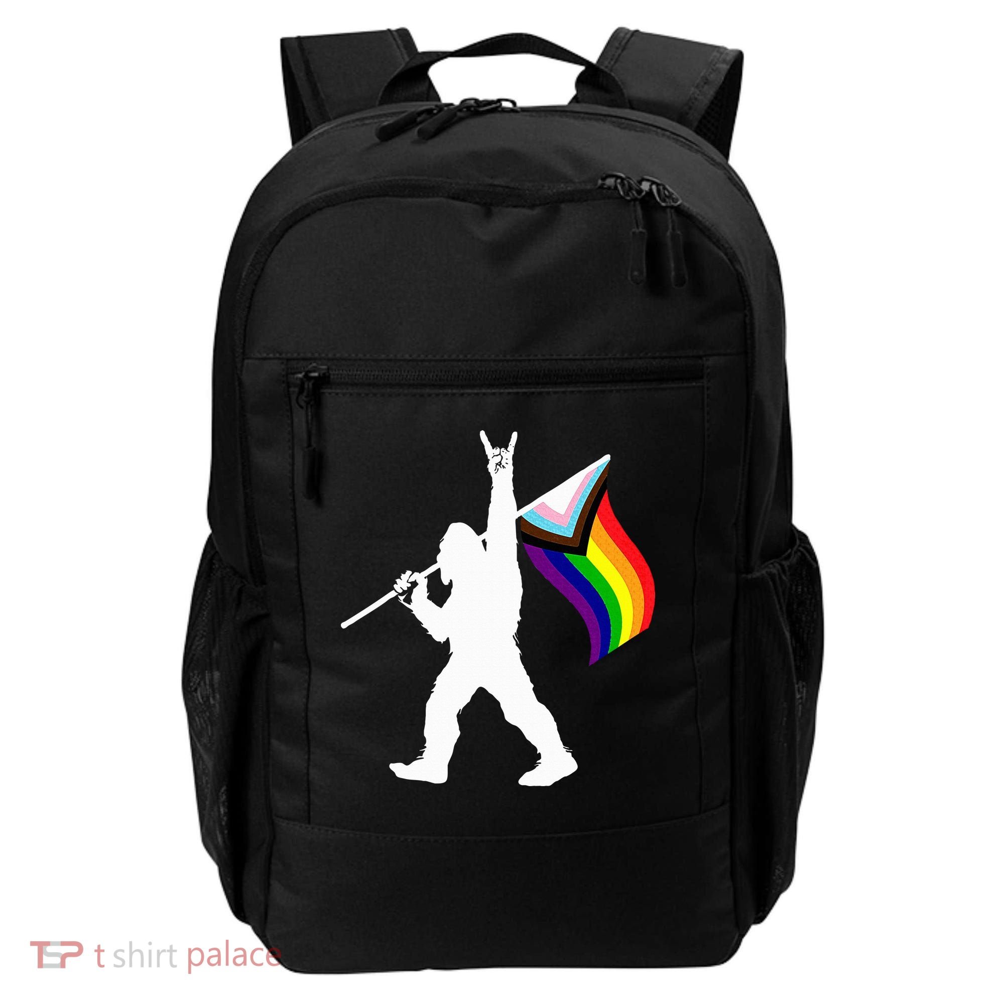 Bigfoot Rock On Lgbtq Progressive New Pride Flag Backpack