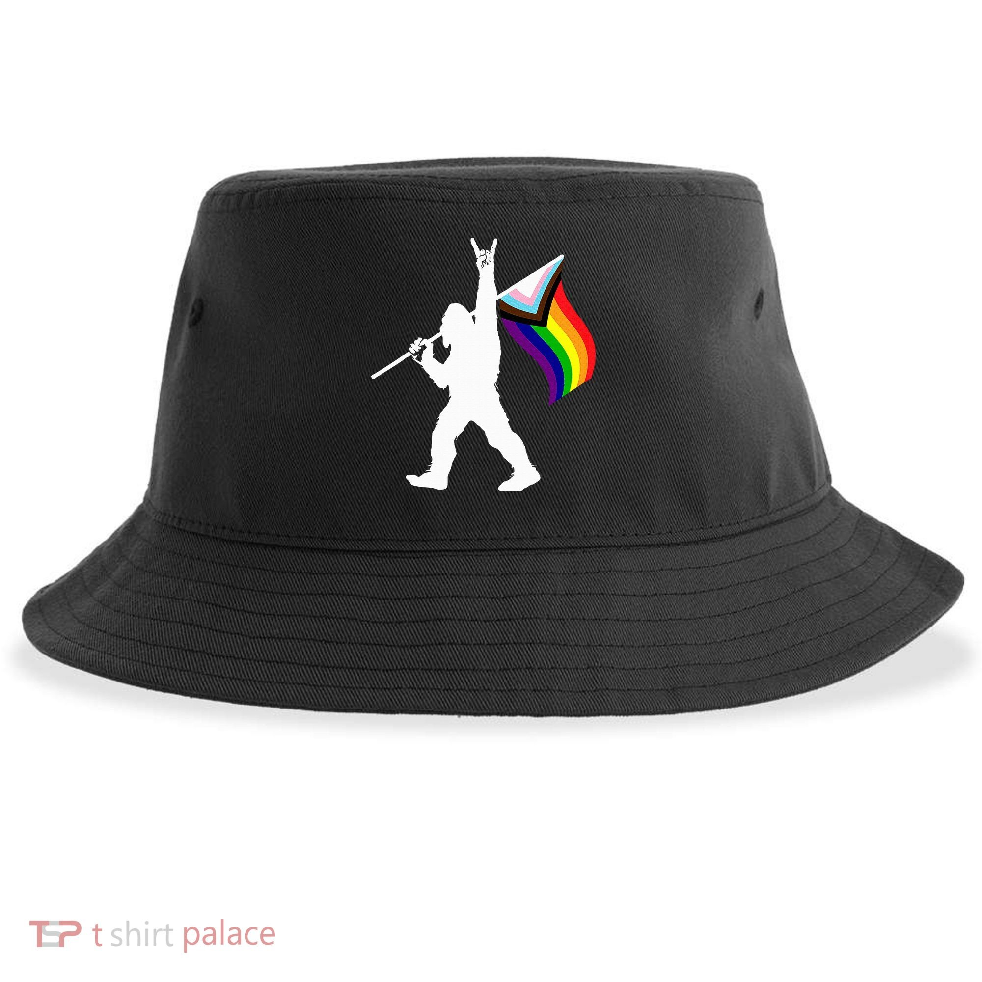 Bigfoot Rock On Lgbtq Progressive New Pride Flag Sustainable Bucket Hat