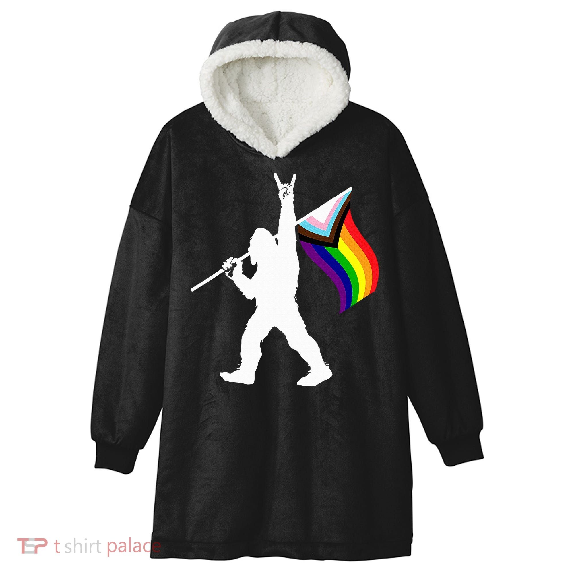 Bigfoot Rock On Lgbtq Progressive New Pride Flag Hooded Wearable Blanket