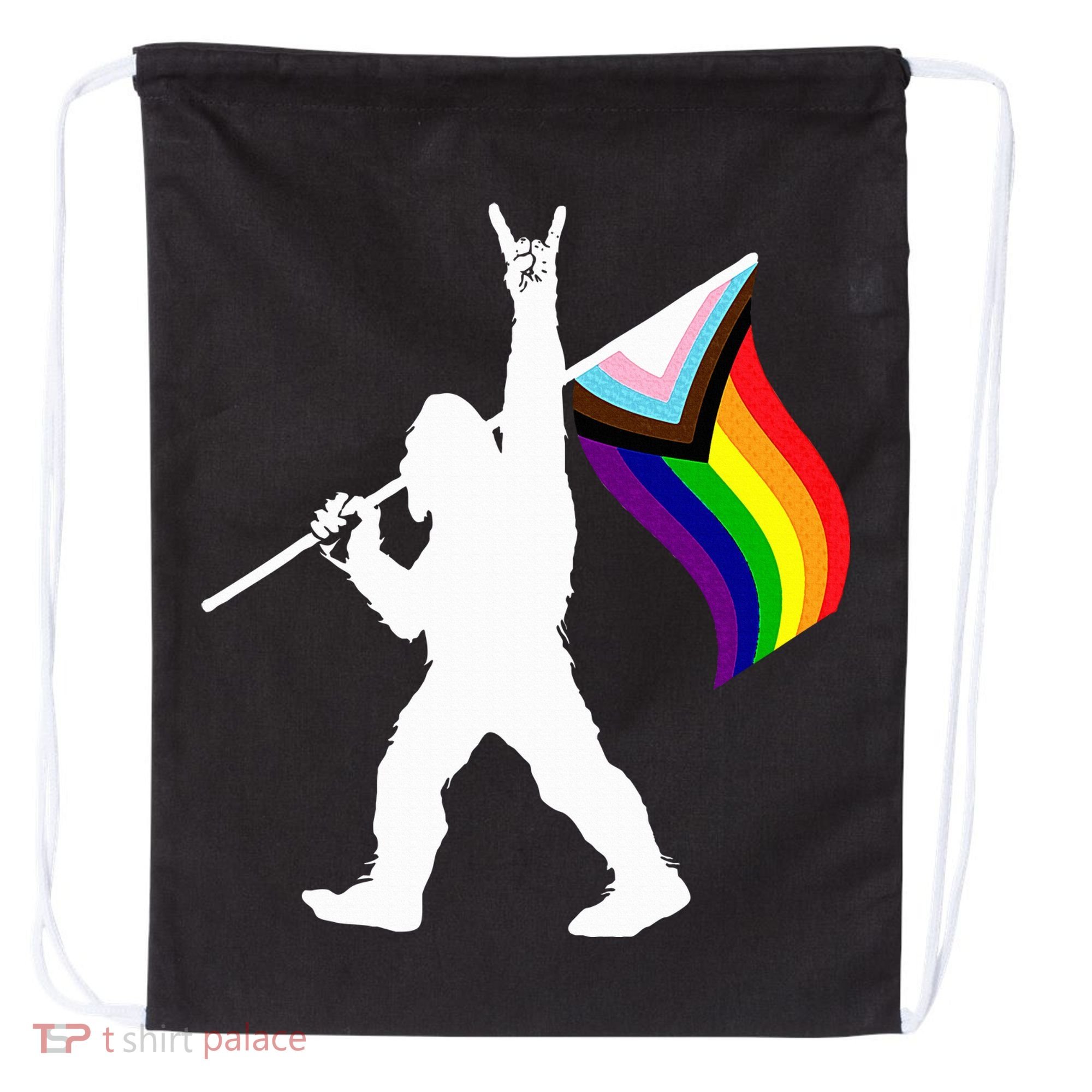 Bigfoot Rock On Lgbtq Progressive New Pride Flag Drawstring Bag