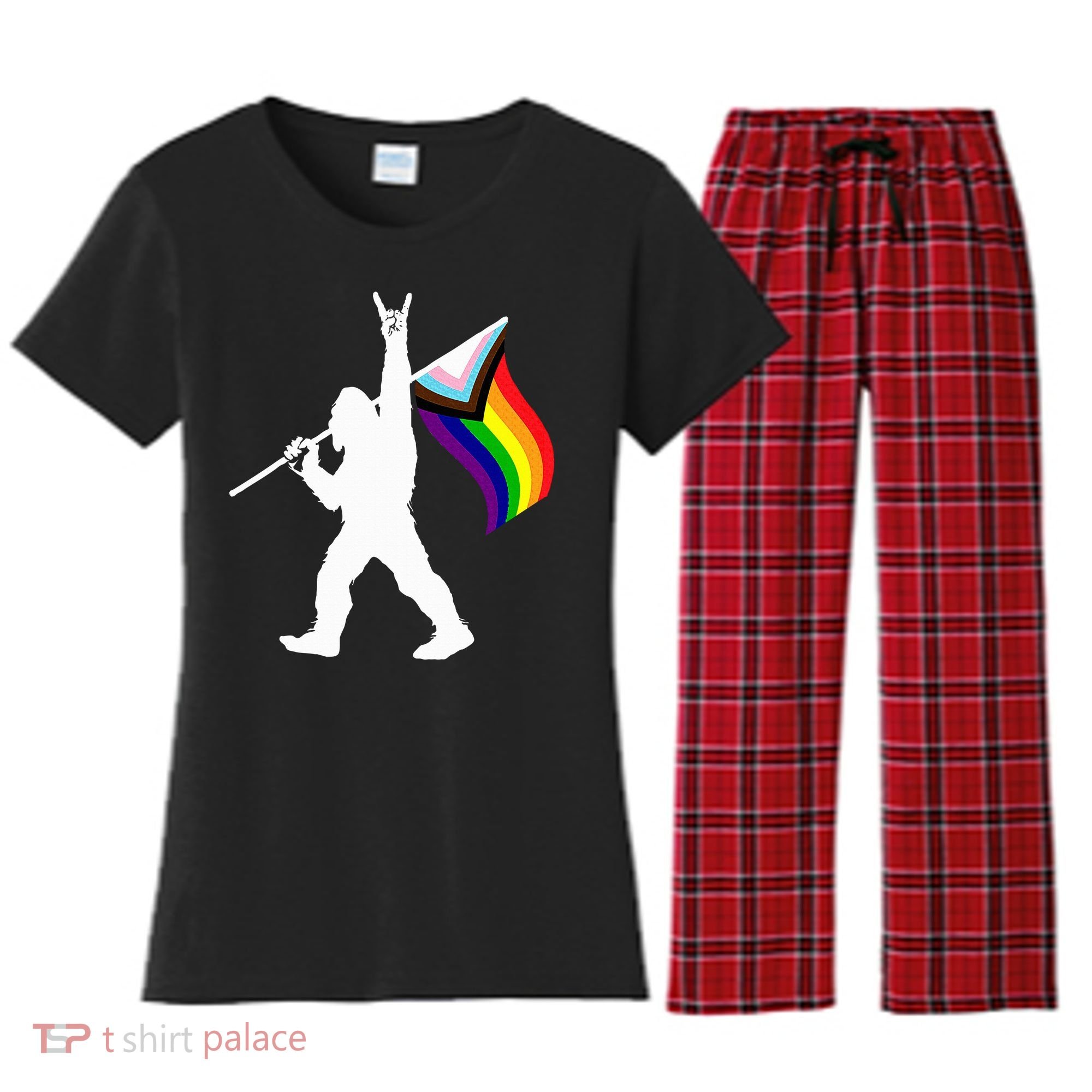 Bigfoot Rock On Lgbtq Progressive New Pride Flag Women's Flannel Pajama Set