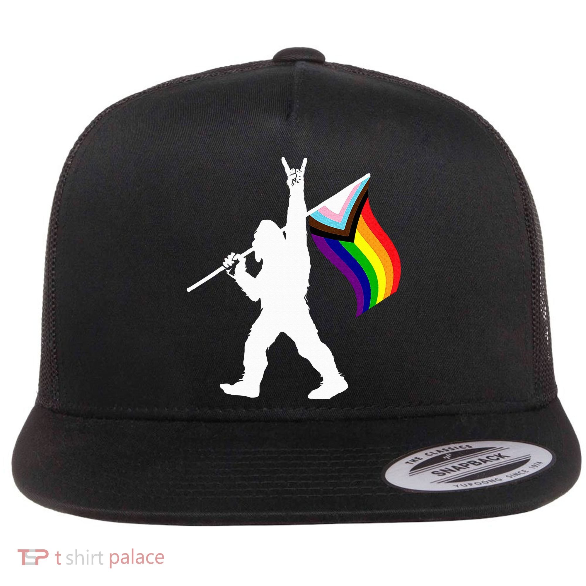 Bigfoot Rock On Lgbtq Progressive New Pride Flag Flat Bill Trucker Hat