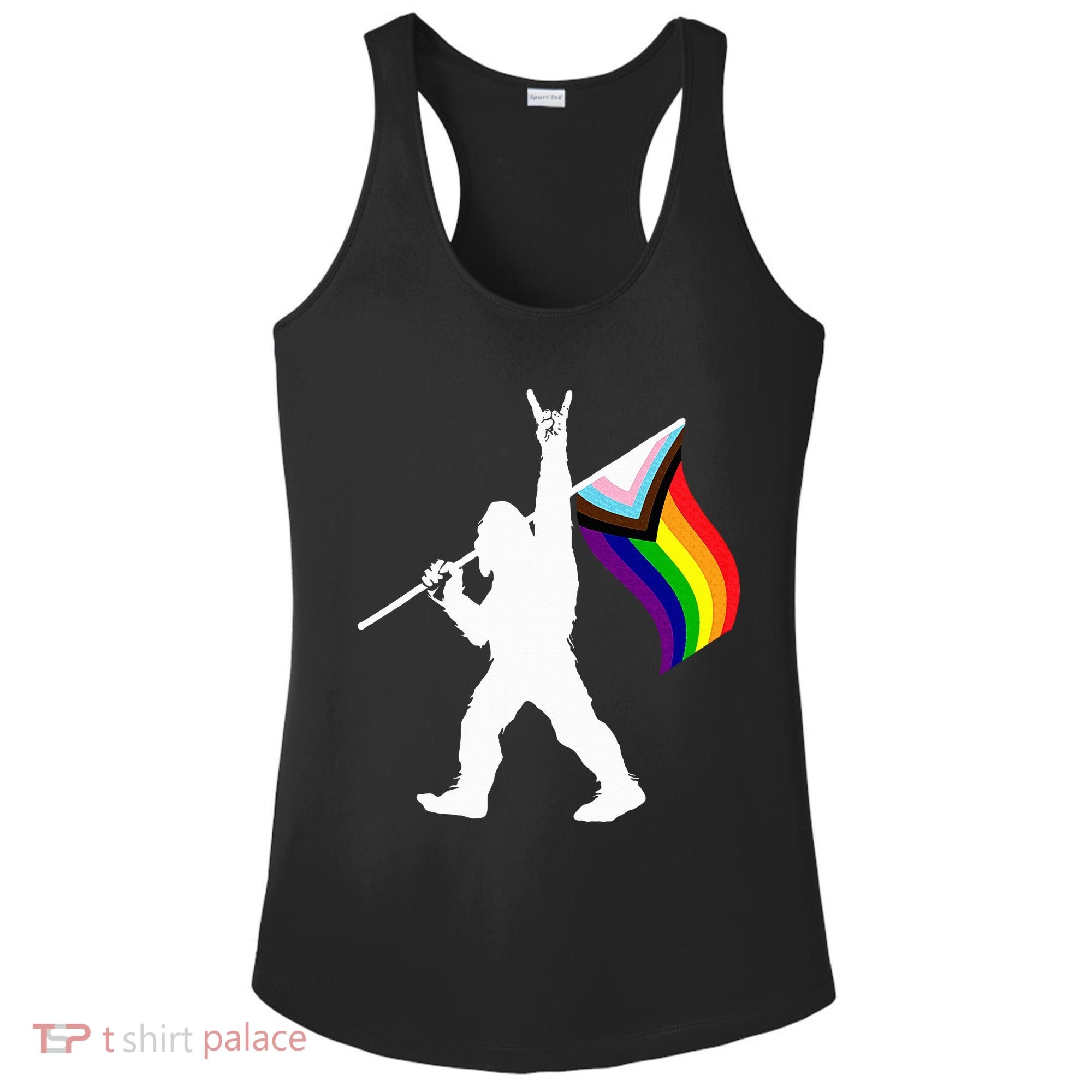 Bigfoot Rock On Lgbtq Progressive New Pride Flag Ladies PosiCharge Competitor Racerback Tank