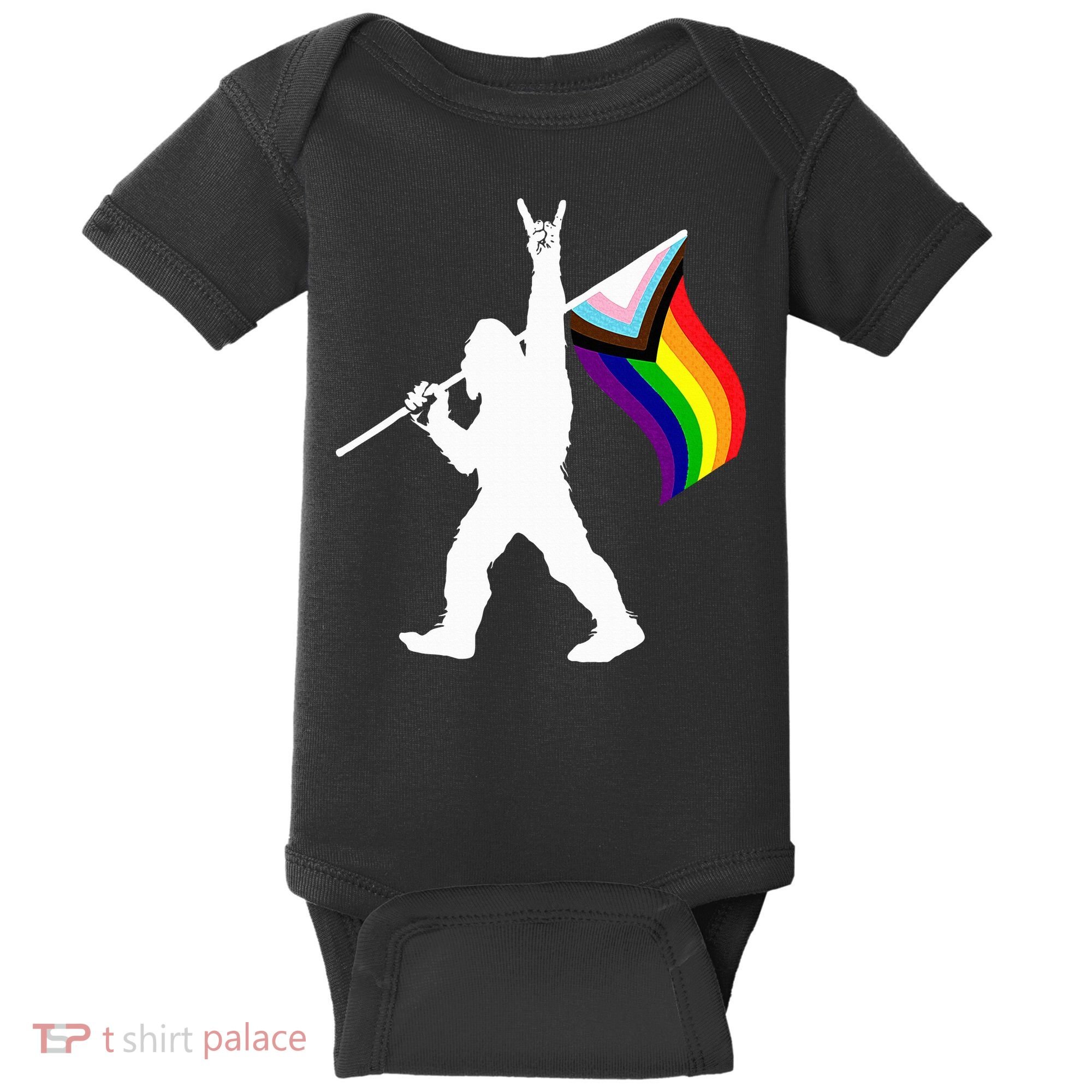 Bigfoot Rock On Lgbtq Progressive New Pride Flag Baby Bodysuit