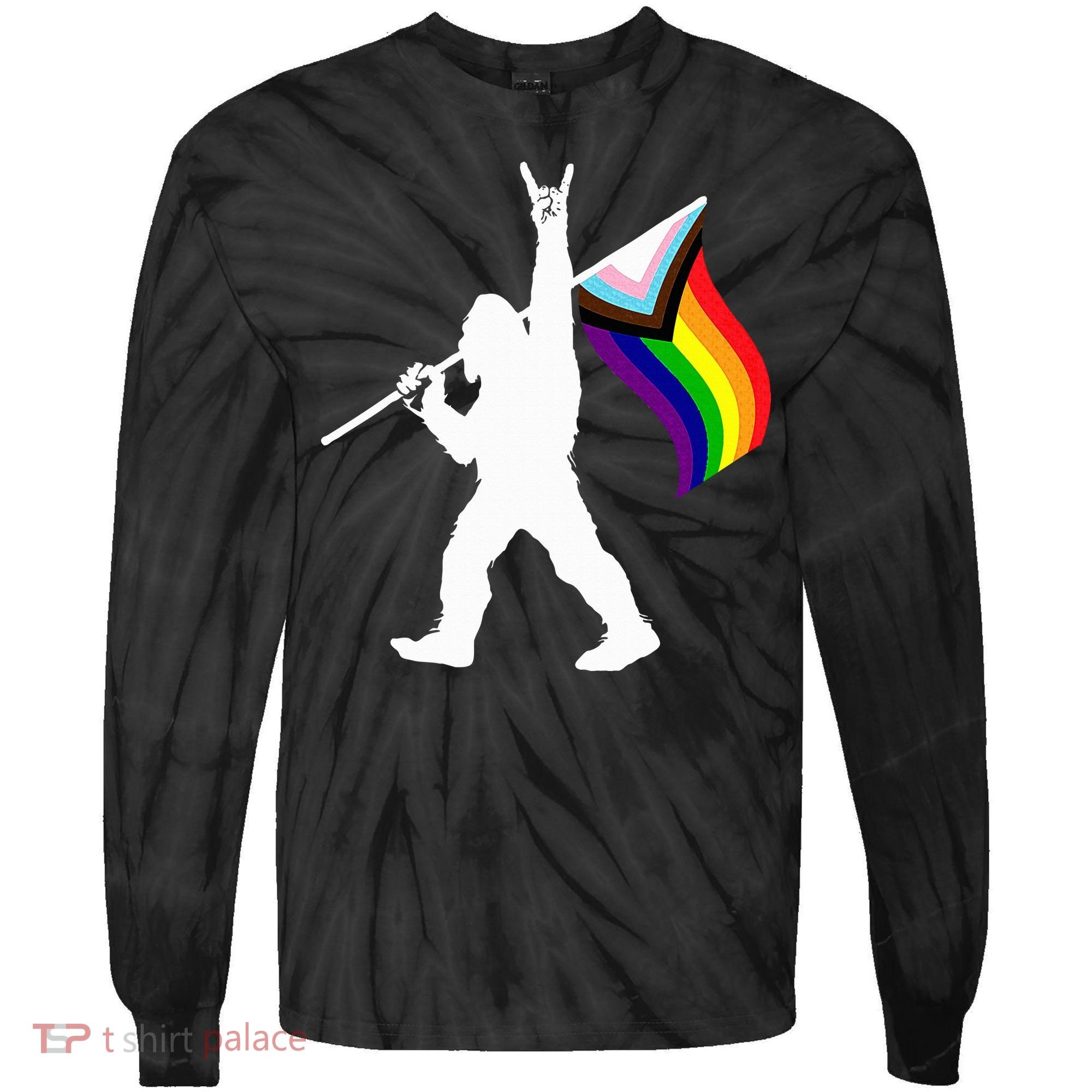Bigfoot Rock On Lgbtq Progressive New Pride Flag Tie-Dye Long Sleeve Shirt