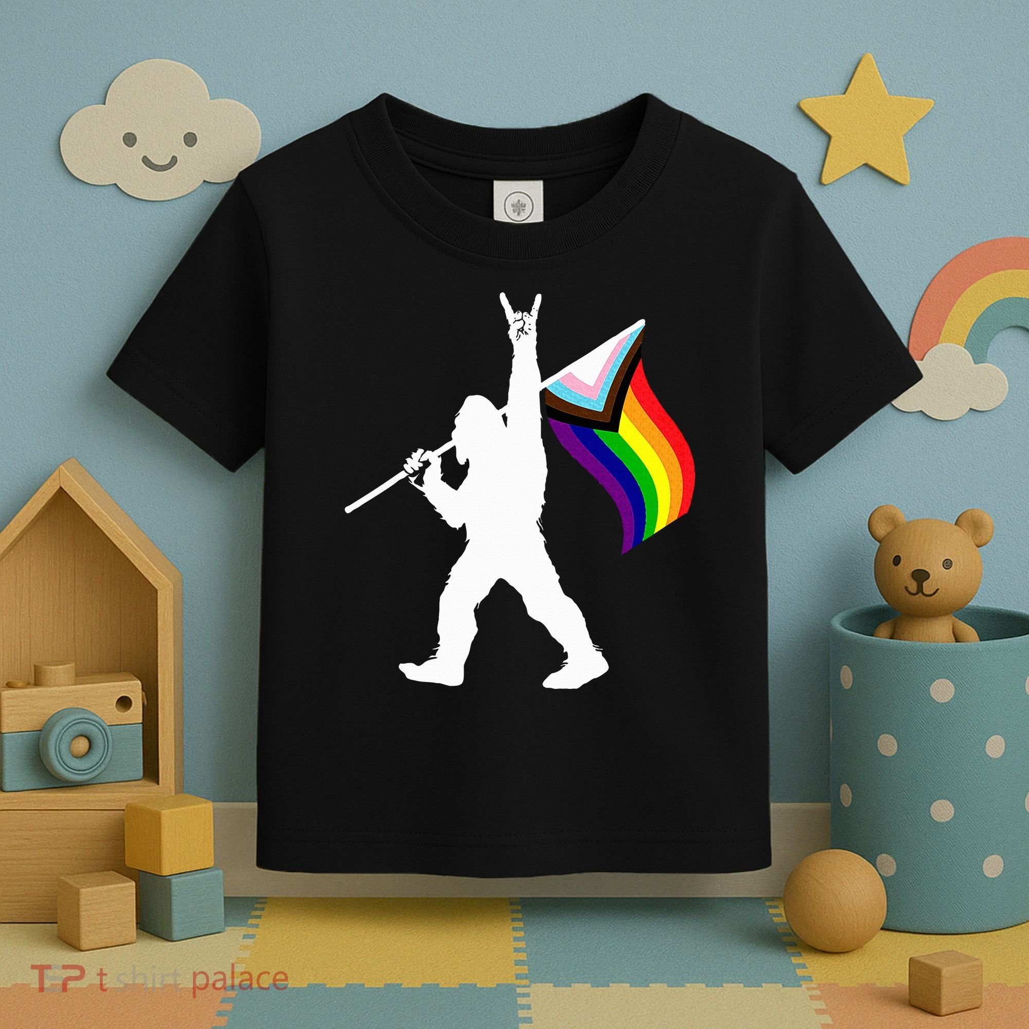 Bigfoot Rock On Lgbtq Progressive New Pride Flag Toddler T-Shirt