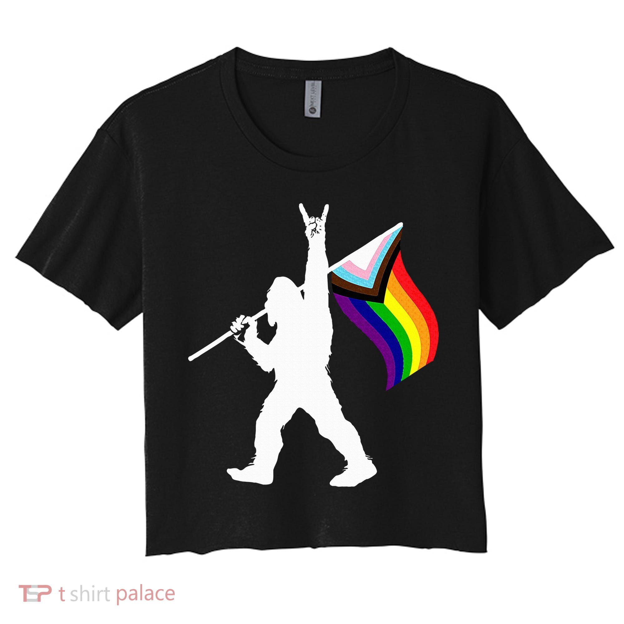 Bigfoot Rock On Lgbtq Progressive New Pride Flag Women's Crop Top Tee