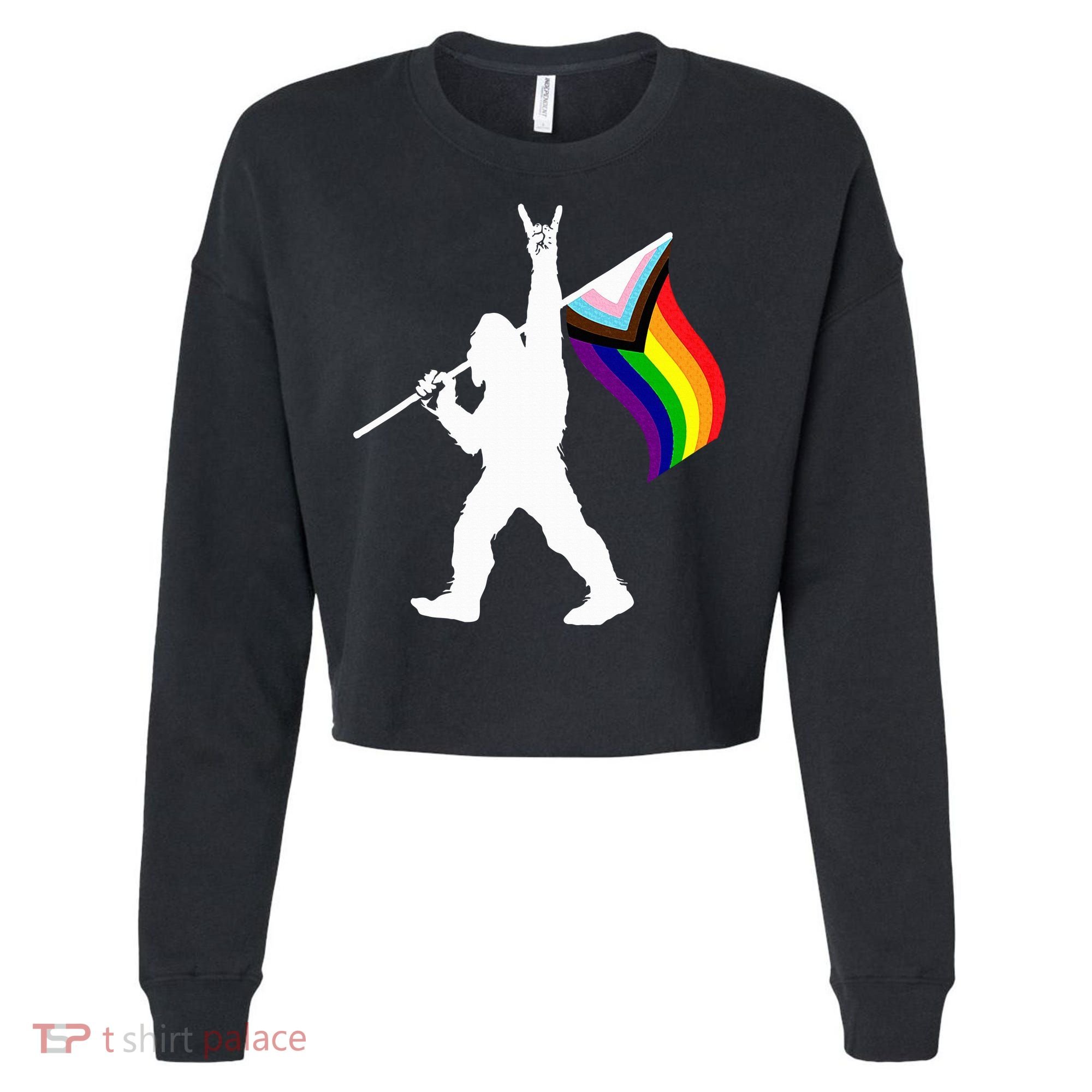 Bigfoot Rock On Lgbtq Progressive New Pride Flag Cropped Pullover Crew