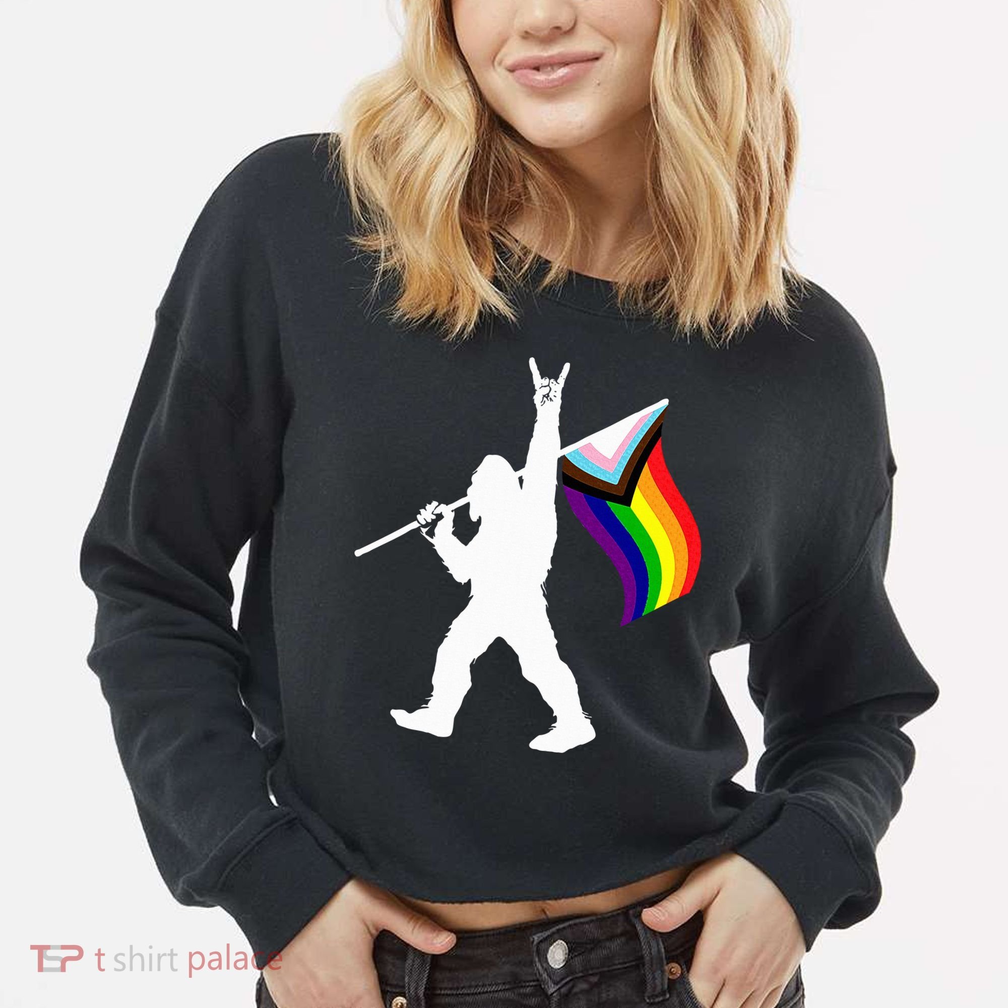 Bigfoot Rock On Lgbtq Progressive New Pride Flag Cropped Pullover Crew