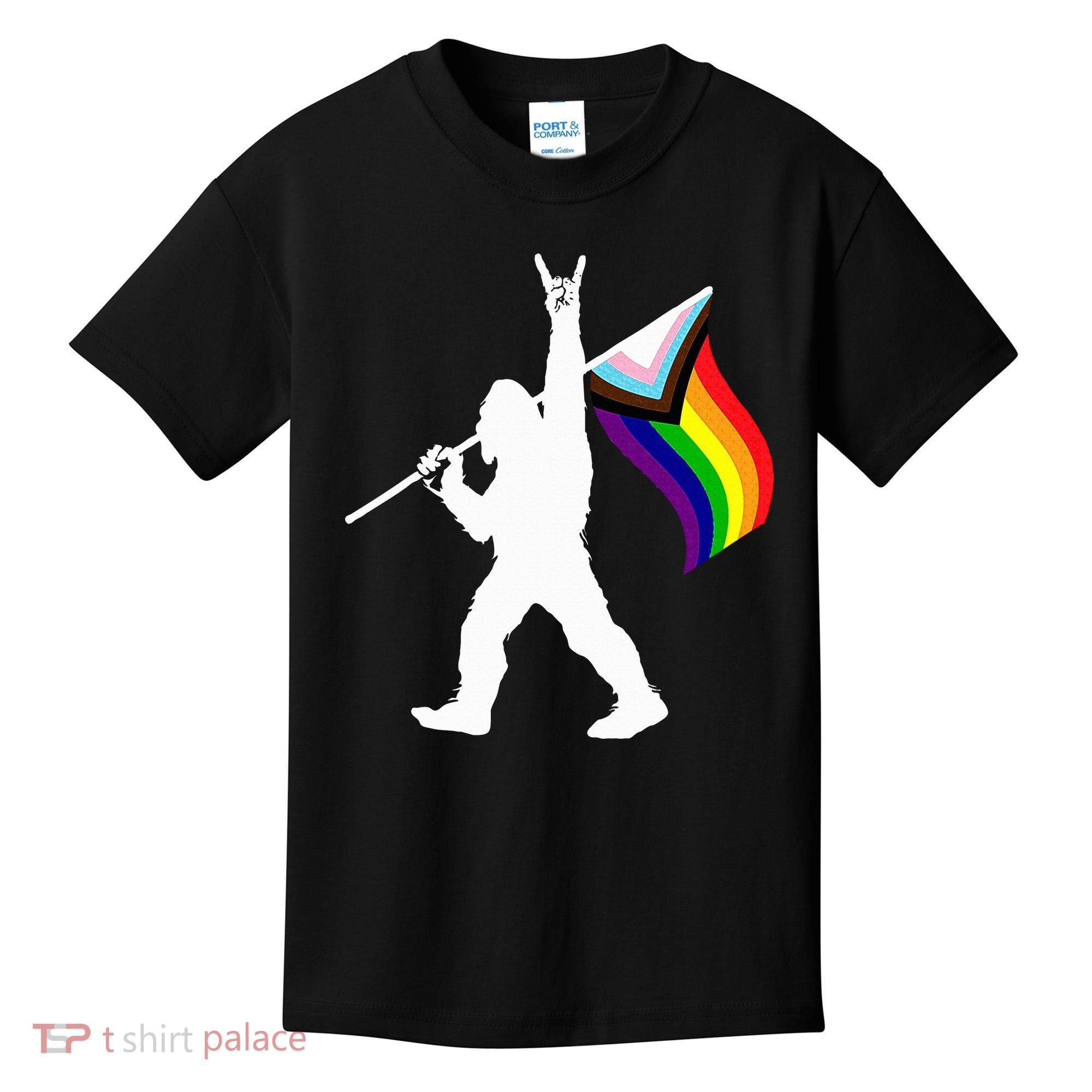 Bigfoot Rock On Lgbtq Progressive New Pride Flag Kids T-Shirt