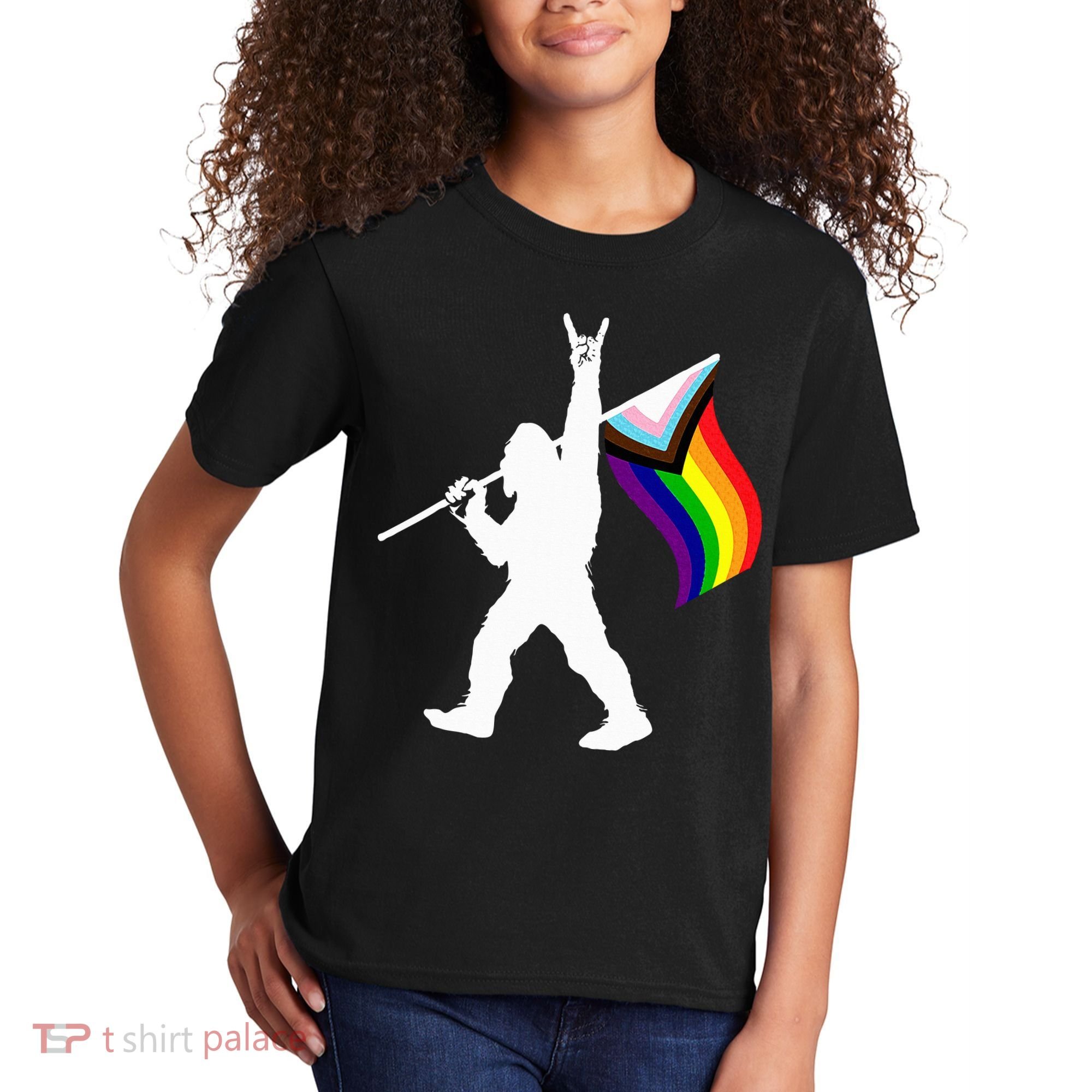 Bigfoot Rock On Lgbtq Progressive New Pride Flag Kids T-Shirt