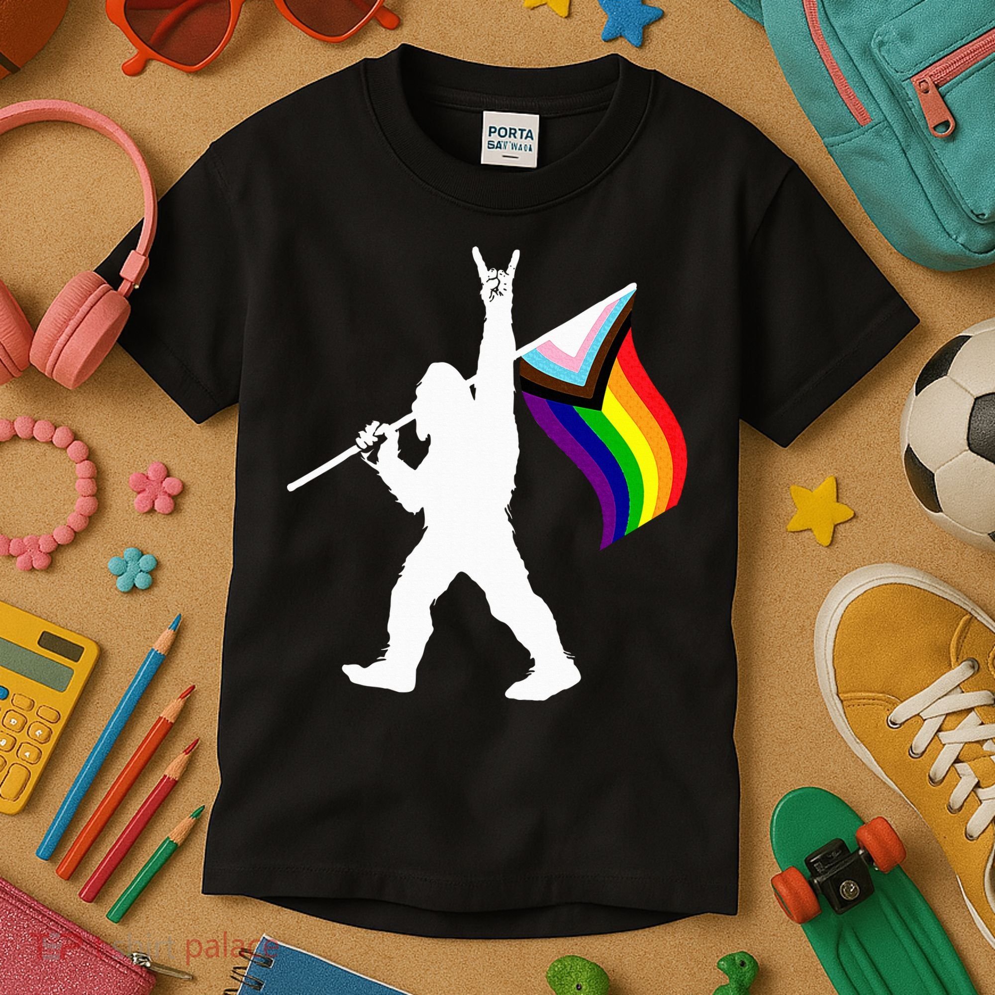 Bigfoot Rock On Lgbtq Progressive New Pride Flag Kids T-Shirt