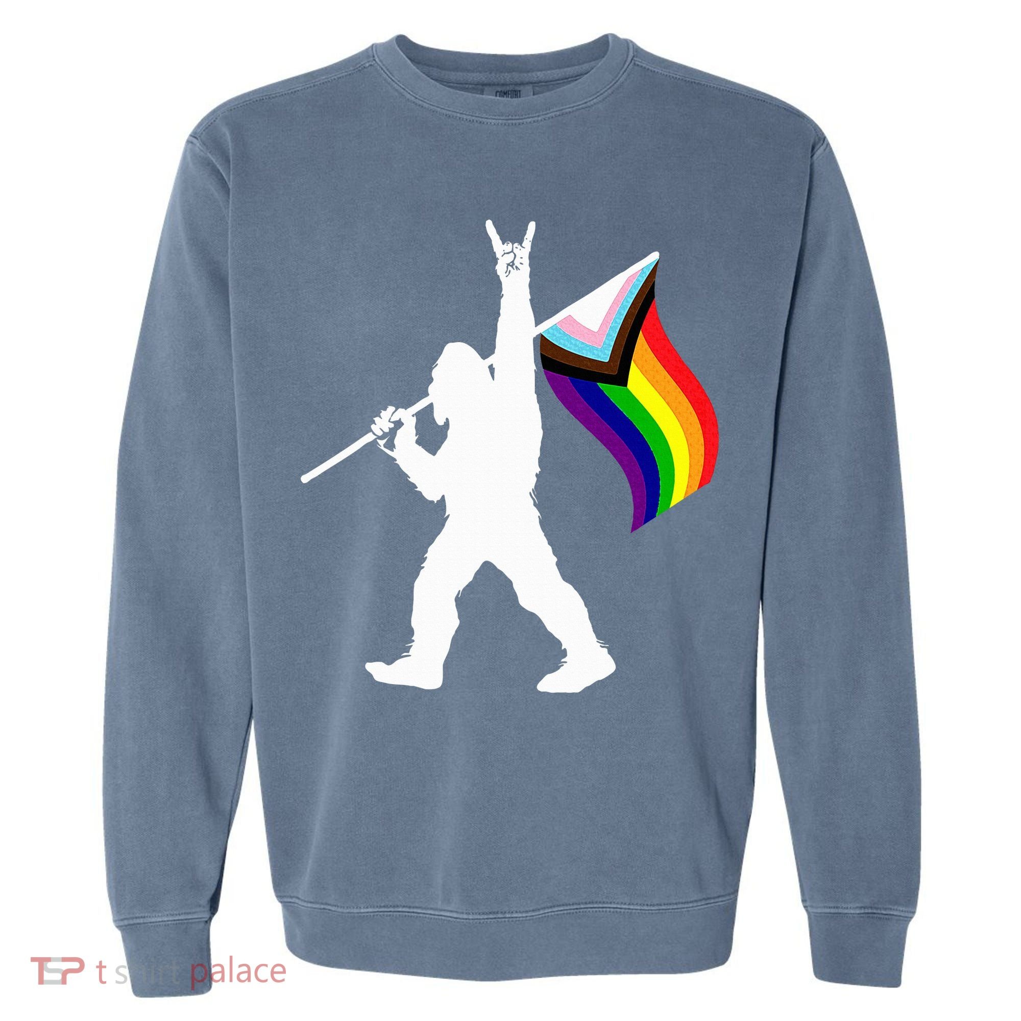 Bigfoot Rock On Lgbtq Progressive New Pride Flag Garment-Dyed Sweatshirt