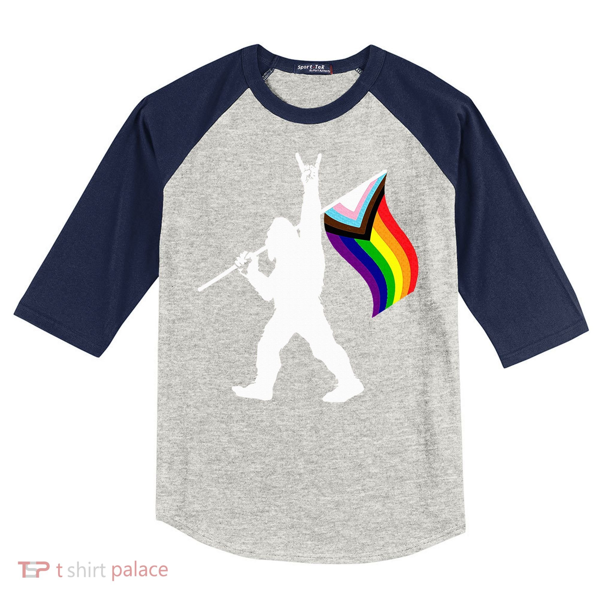 Bigfoot Rock On Lgbtq Progressive New Pride Flag Kids Colorblock Raglan Jersey