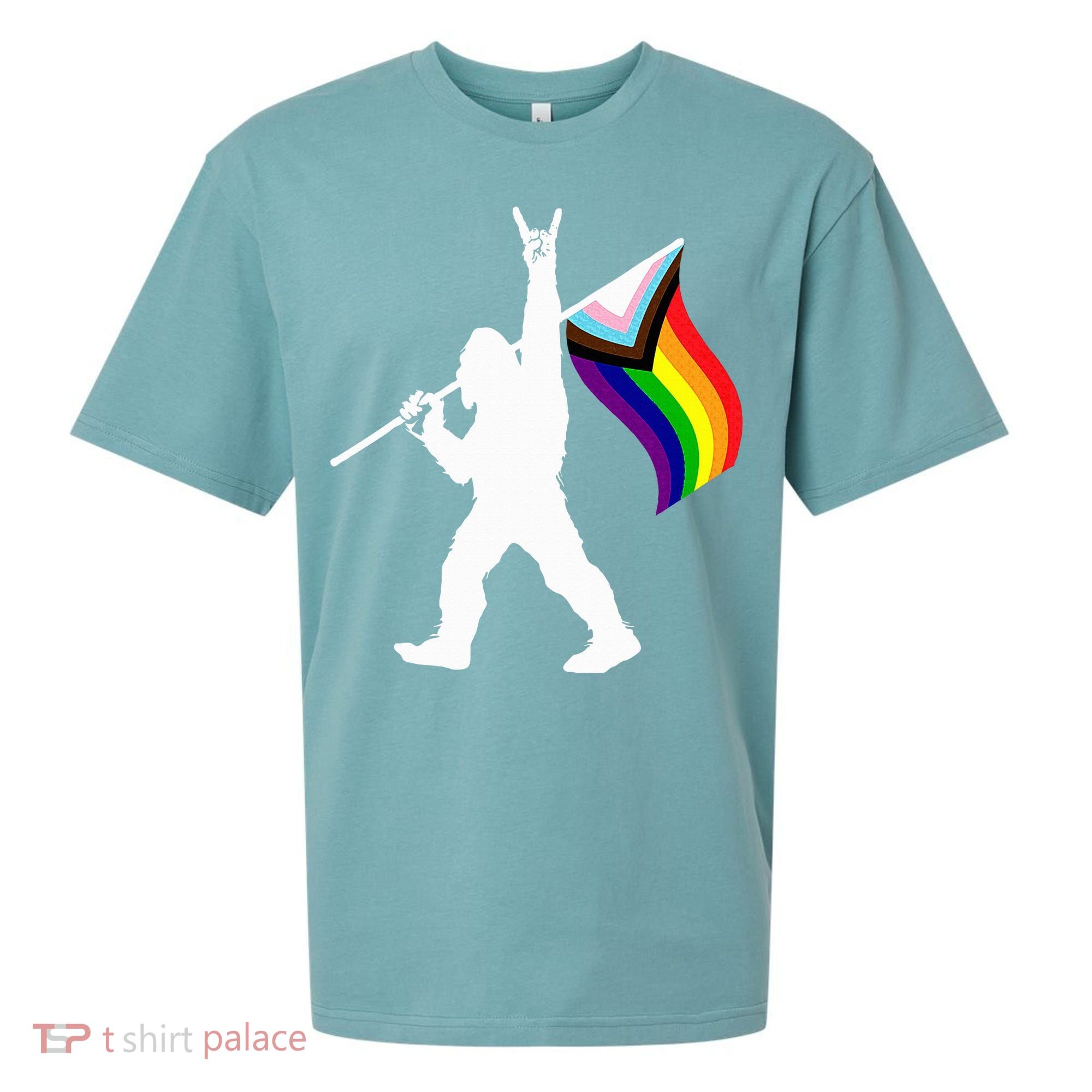 Bigfoot Rock On Lgbtq Progressive New Pride Flag Sueded Cloud Jersey T-Shirt