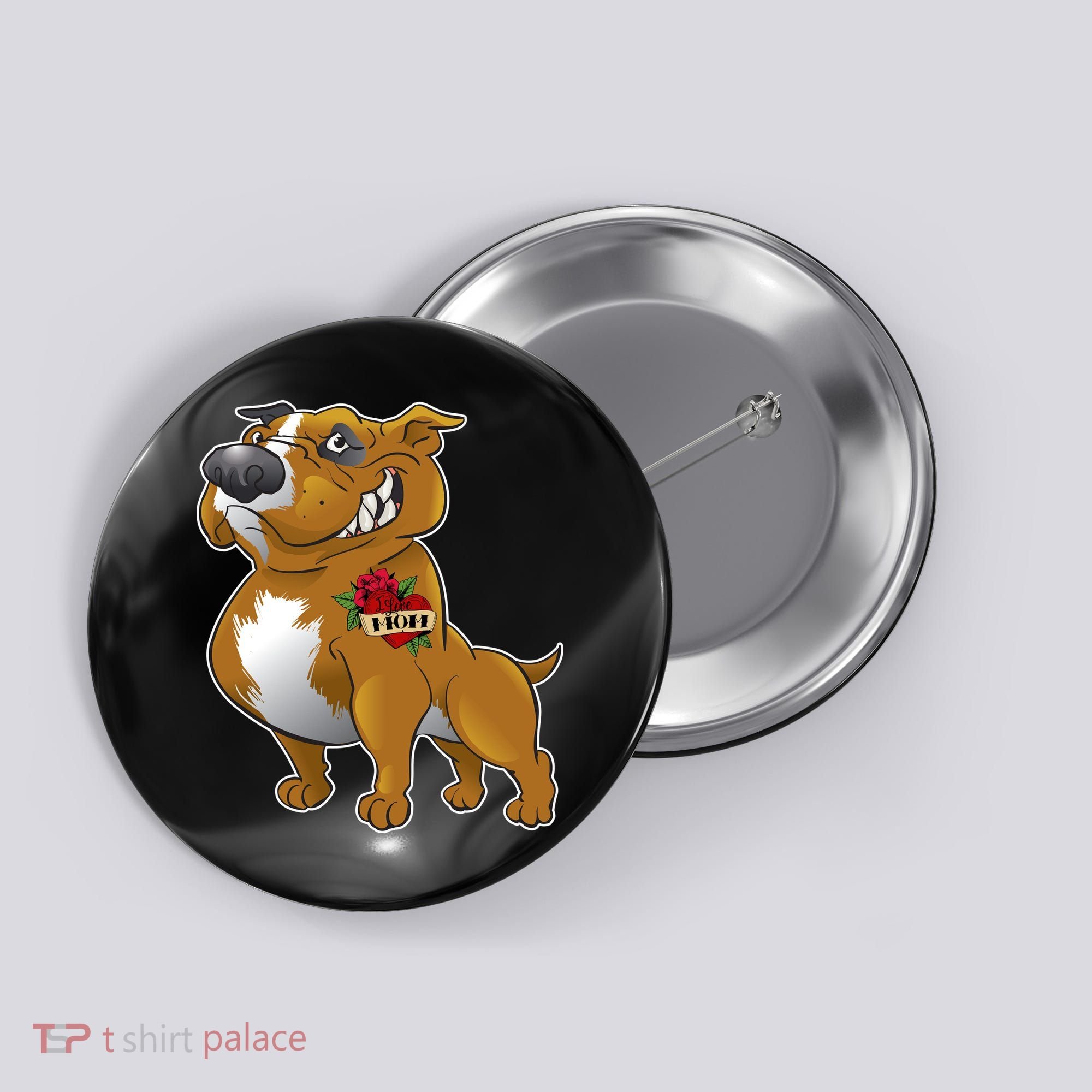 Brown Pitbull I Love Mom Button