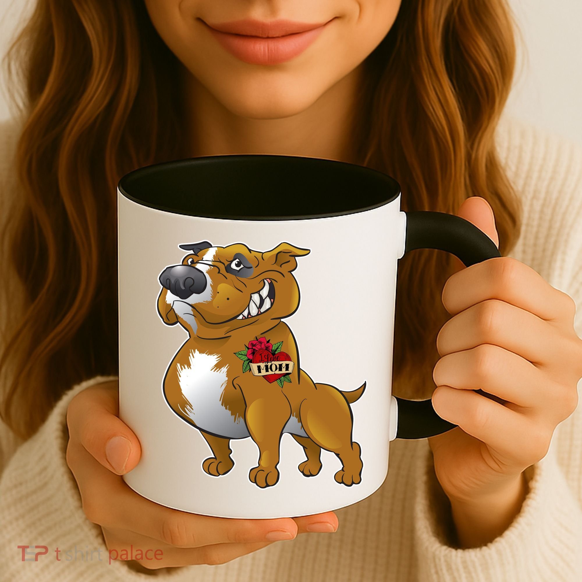 Brown Pitbull I Love Mom Coffee Mug