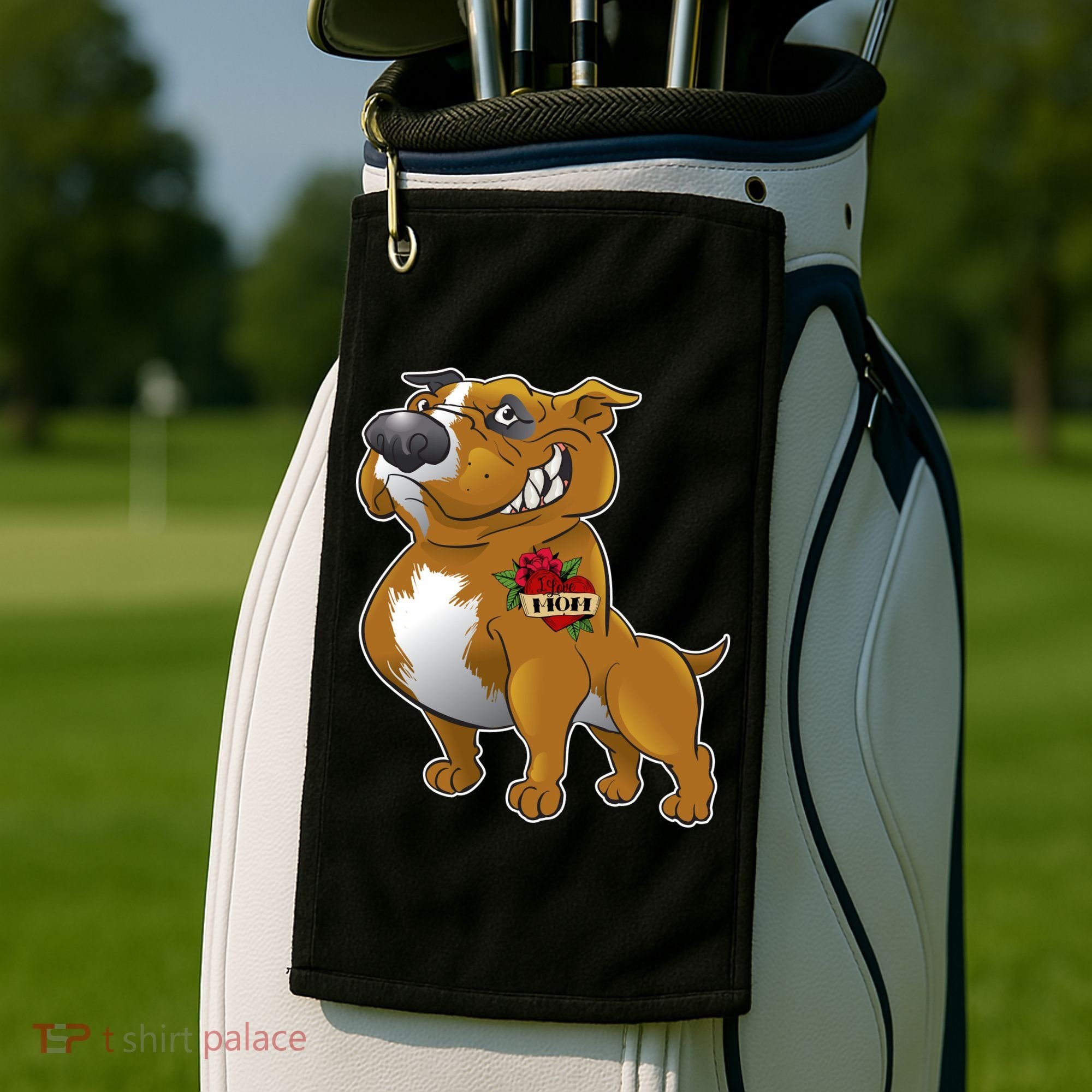 Brown Pitbull I Love Mom Golf Towel