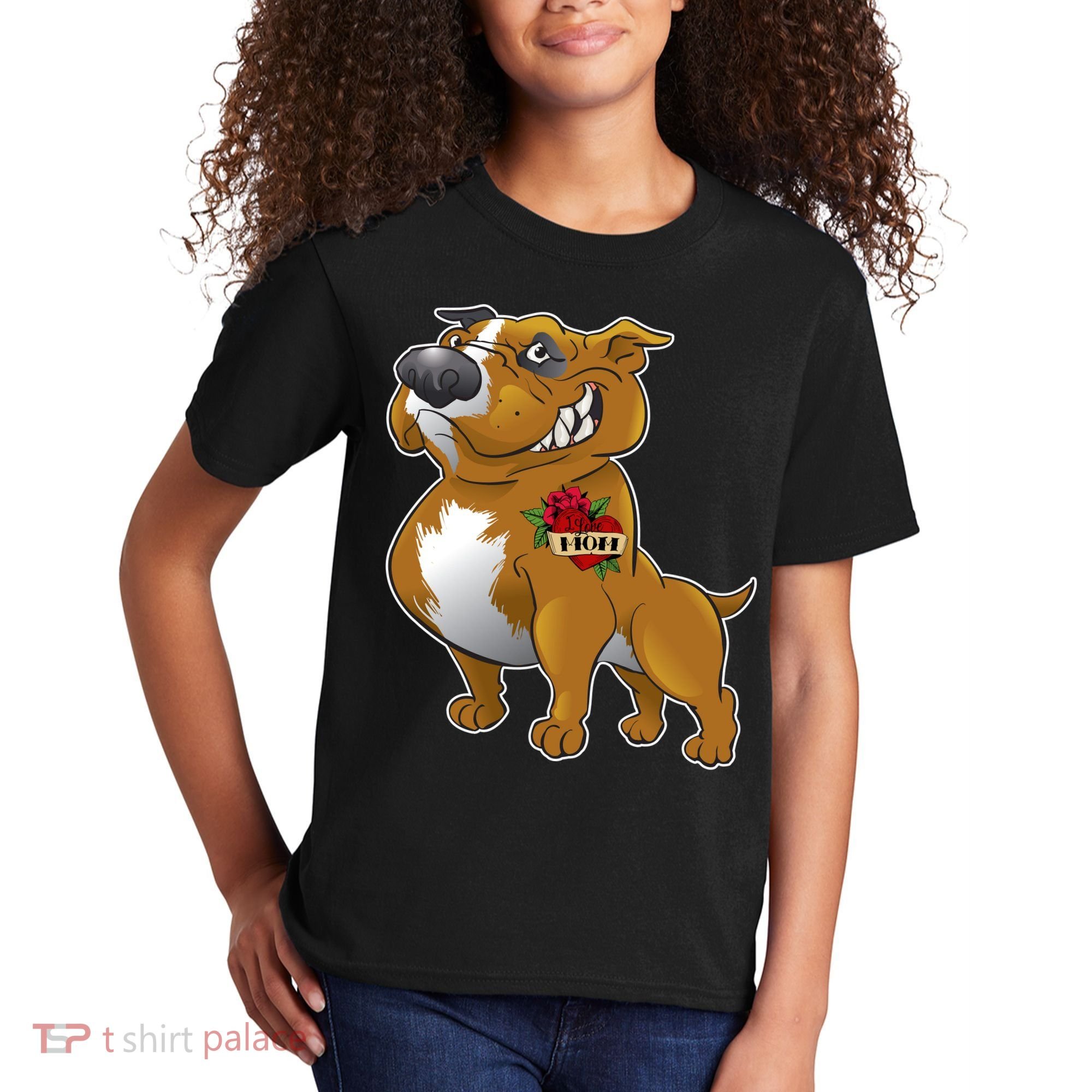 Brown Pitbull I Love Mom Kids T-Shirt