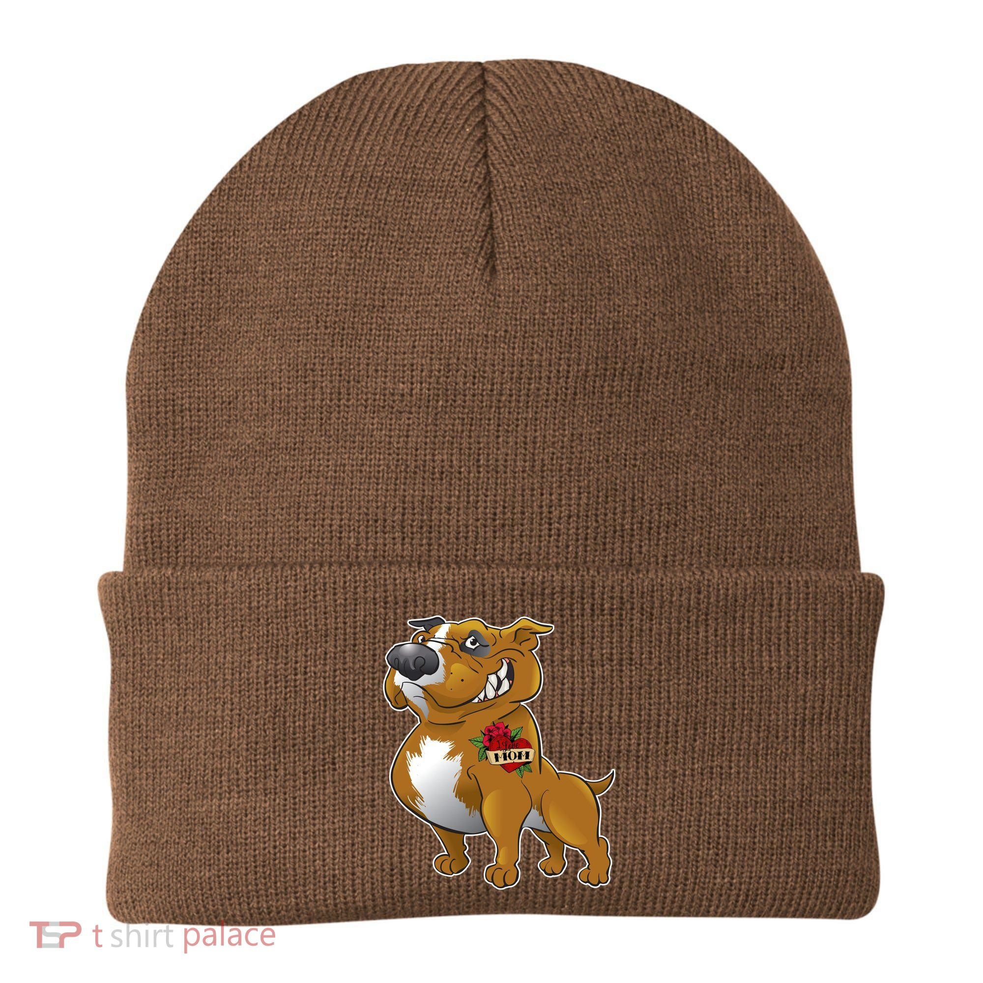 Brown Pitbull I Love Mom Beanie
